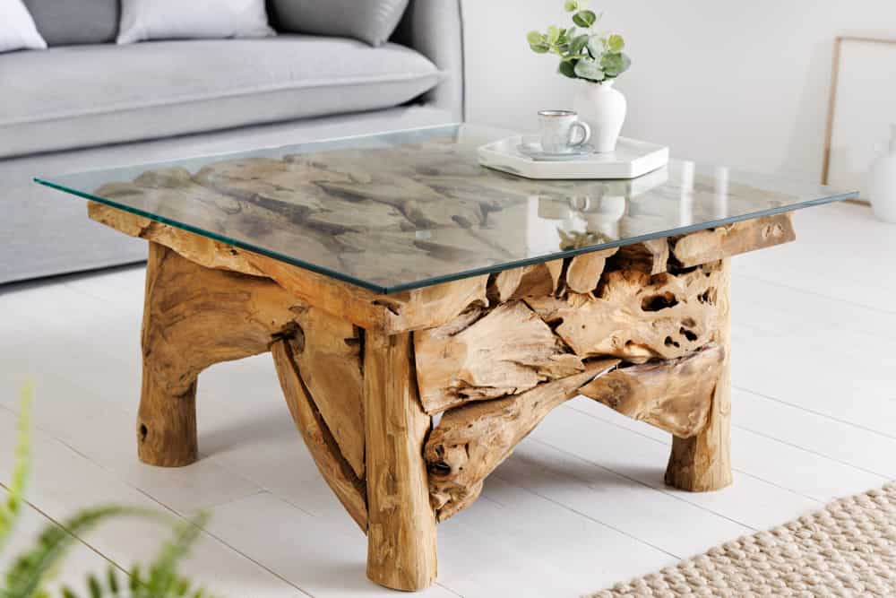 Maritimer Couchtisch RIVERSIDE 80cm natur Teakholz massiv Glasplatte Handarbeit