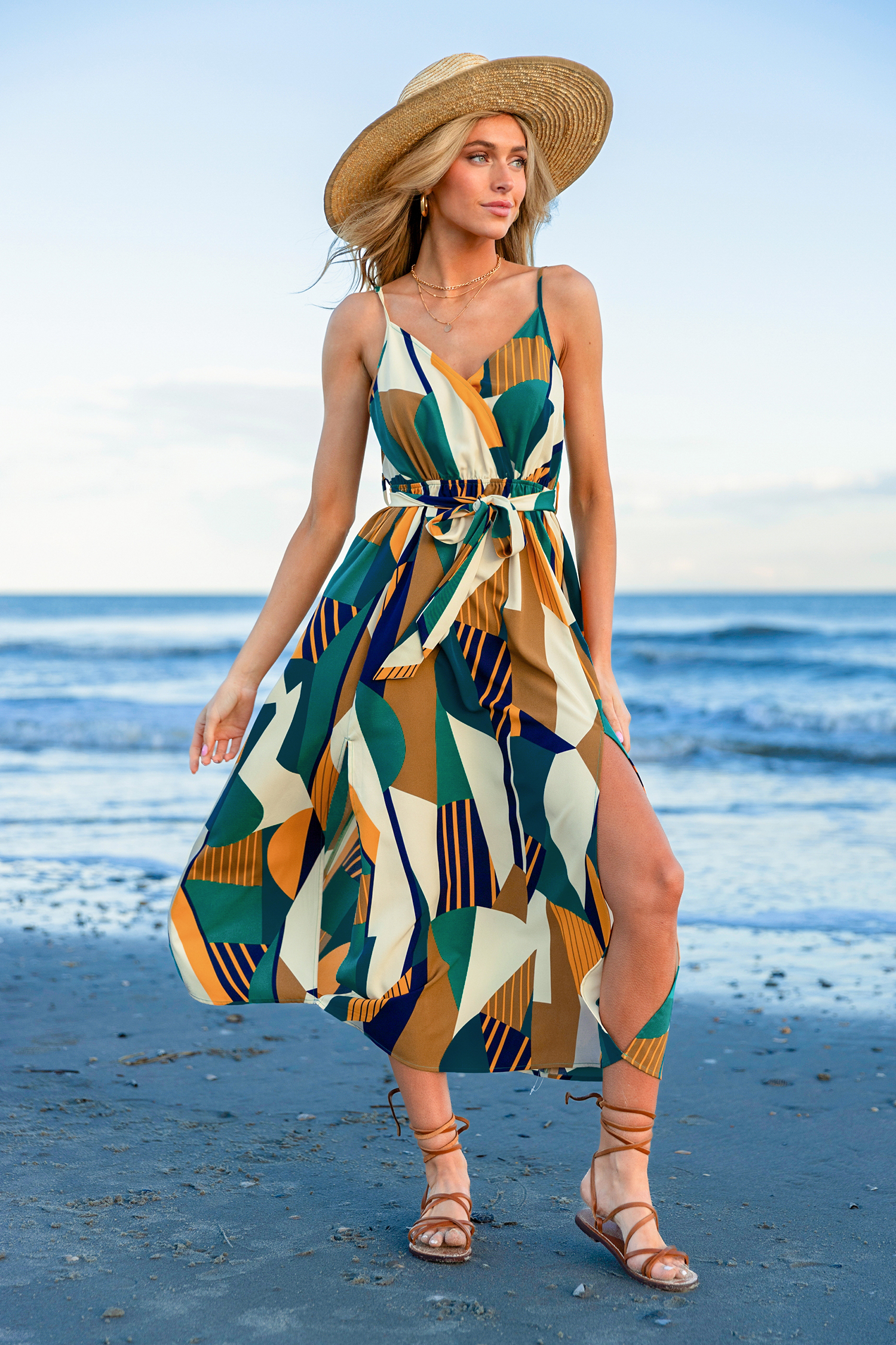 Robe midi à col en V sans manches géométrique
