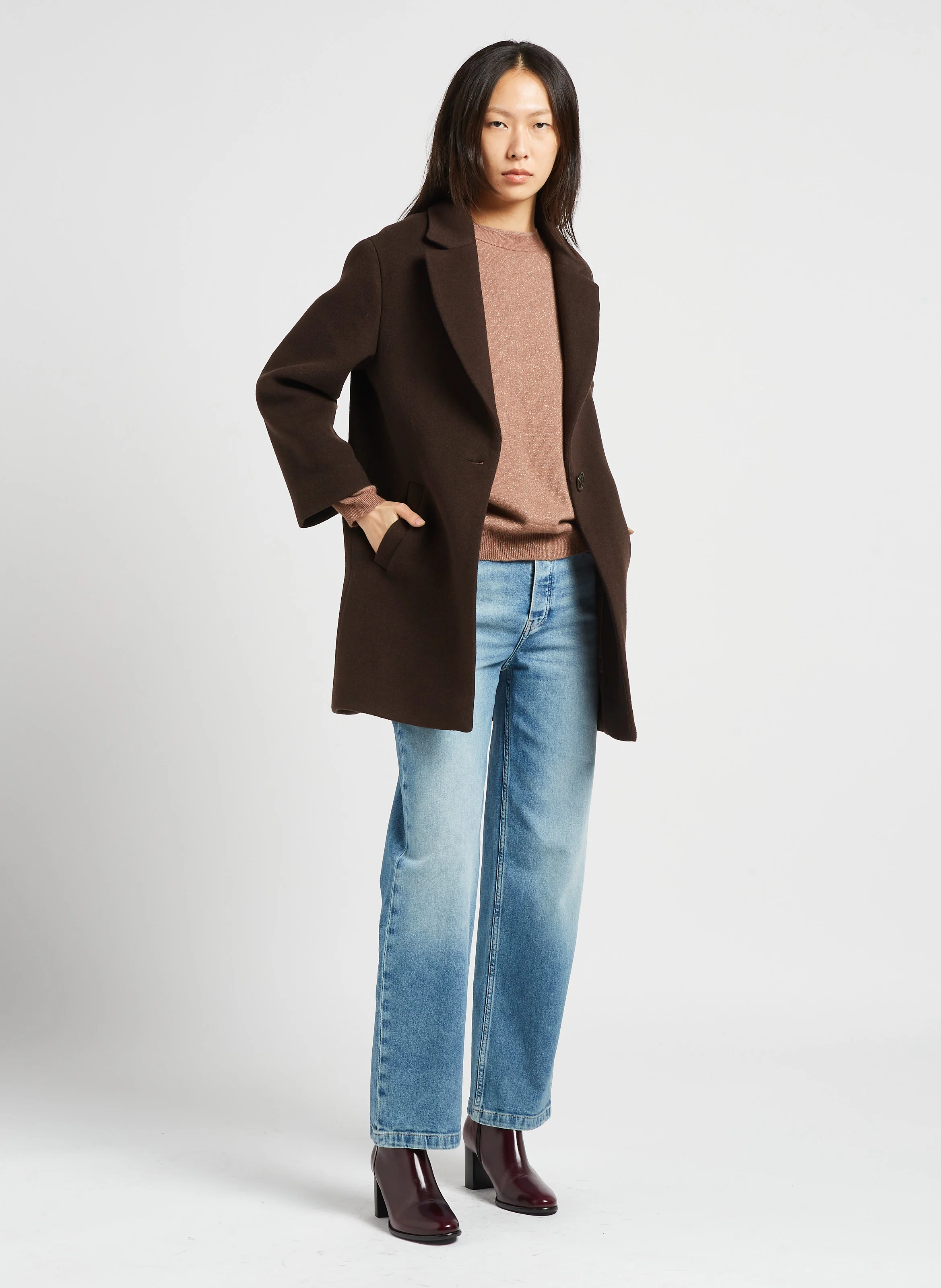 Jean droit taille haute en coton mélangé | Bleu