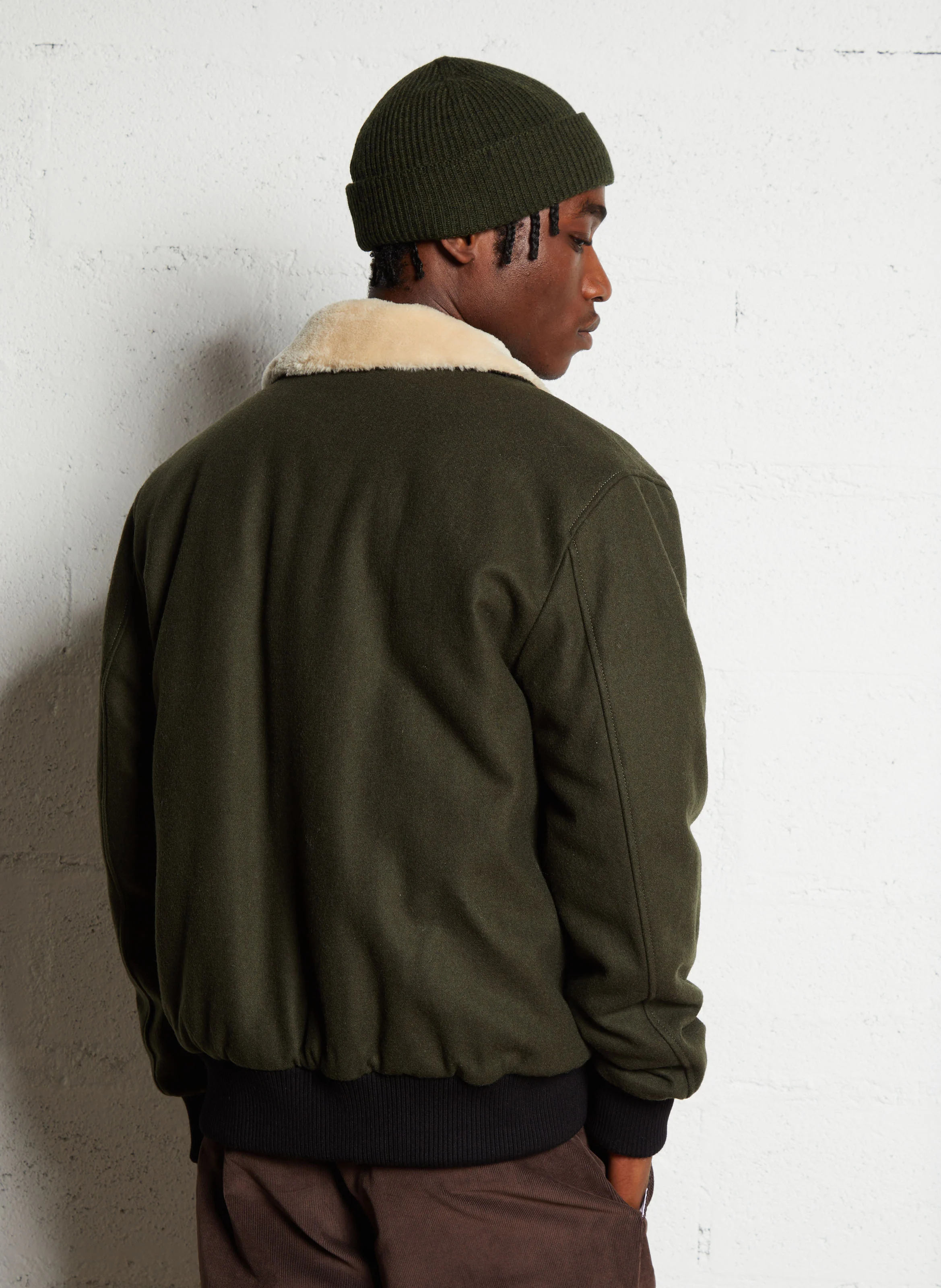 Blouson col classique droit en laine mélangée | Kaki