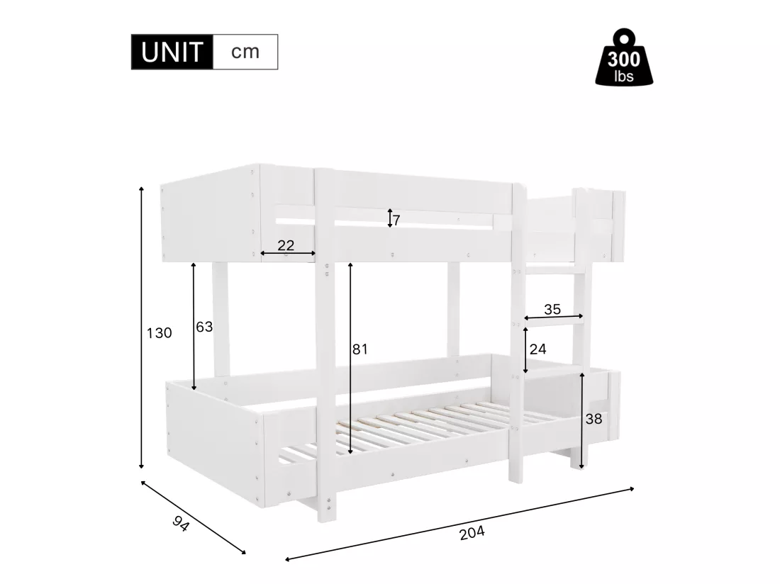 Lit superposé pour enfant 90x200 cm - avec échelle et garde-corps - design simple - Blanc (sans matelas)