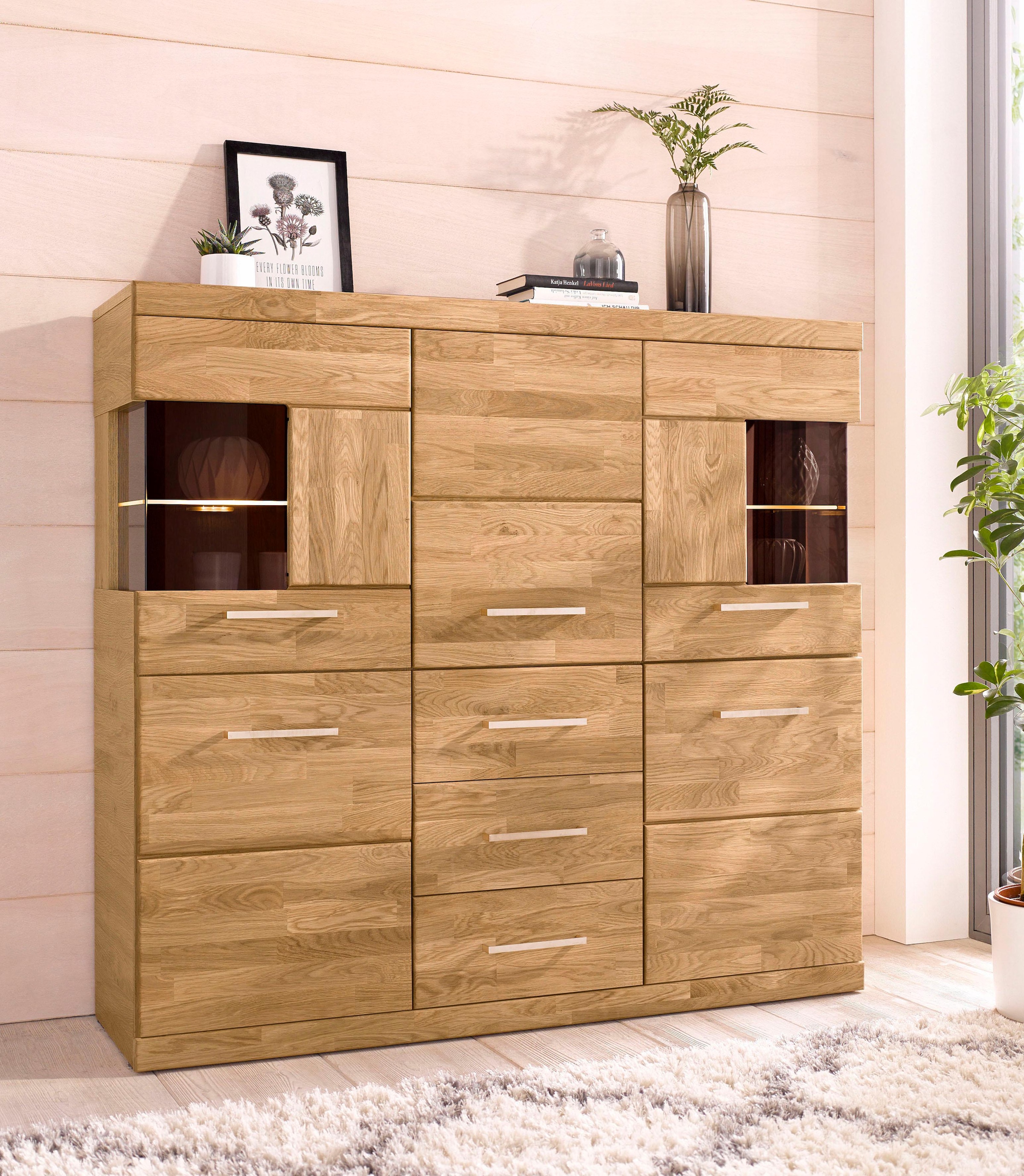Home affaire Highboard »Ribe,125cm breit,115cm hoch, Fronten Massivholz,5Türen,3 Schubladen« Holz massiv, Holzwerkstoff, Metall Griffe,10Fächer, Böden versetzbar