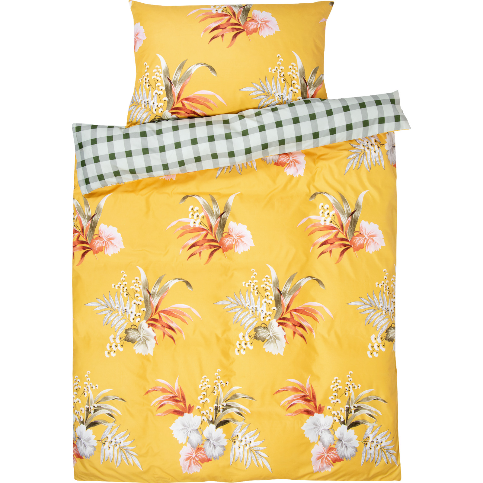 Bettwäsche gelb floral und grün kariert