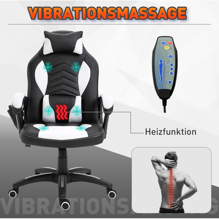 HOMCOM Sportlicher Chefsessel mit Massage- und Wärmefunktion schwarz, weiß