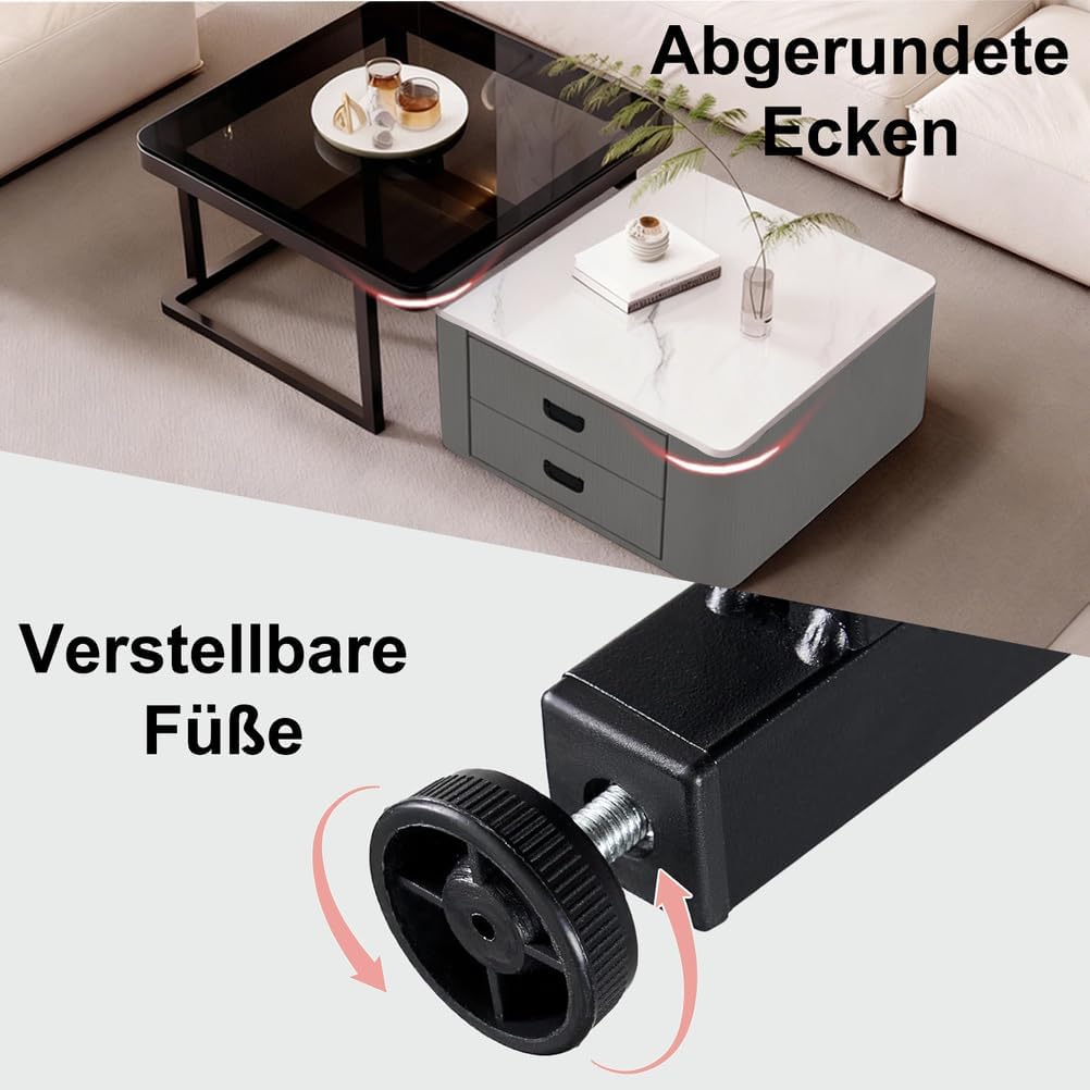 Couchtisch 2er Set, Weiße Marmor Satztisch mit Schubladen, Beistelltisch mit Metallrahmen und Glas, Platzsparender Moderne Sofatische für Schlafzimmer Wohnzimmer Balkon Wohnung,Quadratisch Grau