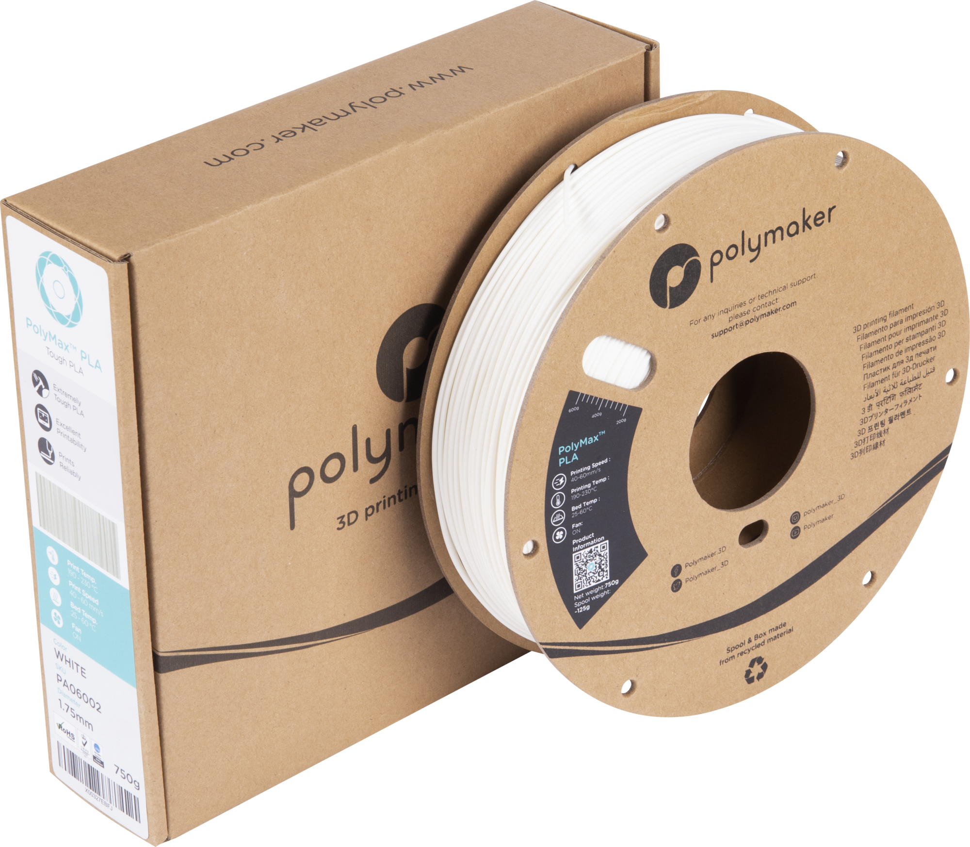 Polymaker  PolyMax PLA Weiß, 1,75 mm / 750 g    Das weiße Filament mit 9-fach höherer Belastbarkeit als herkömmliches PLA