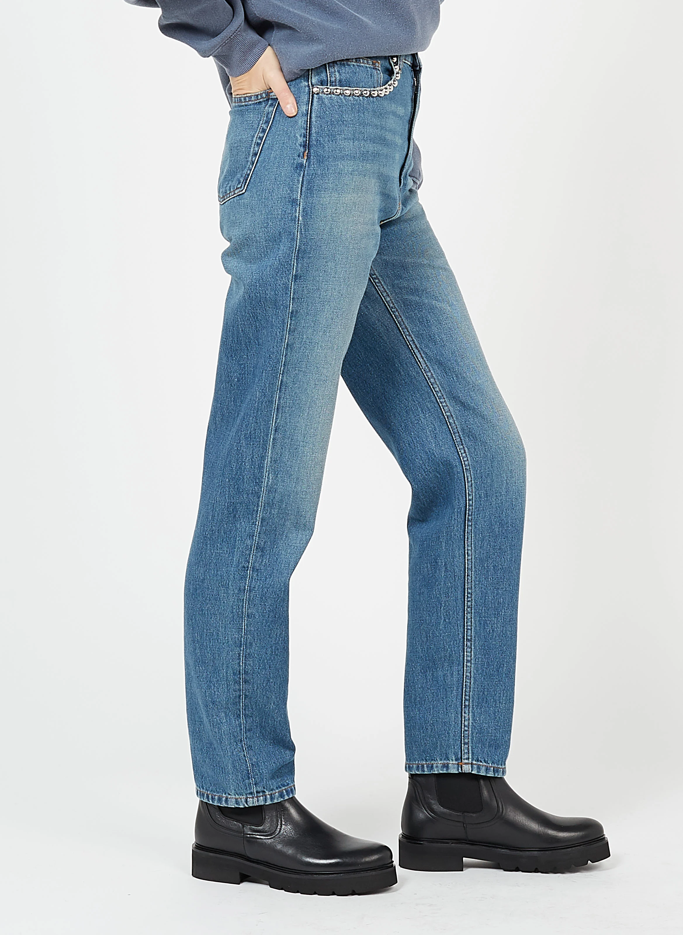 DAME - Jean droit taille haute en coton| Jean Délavé
