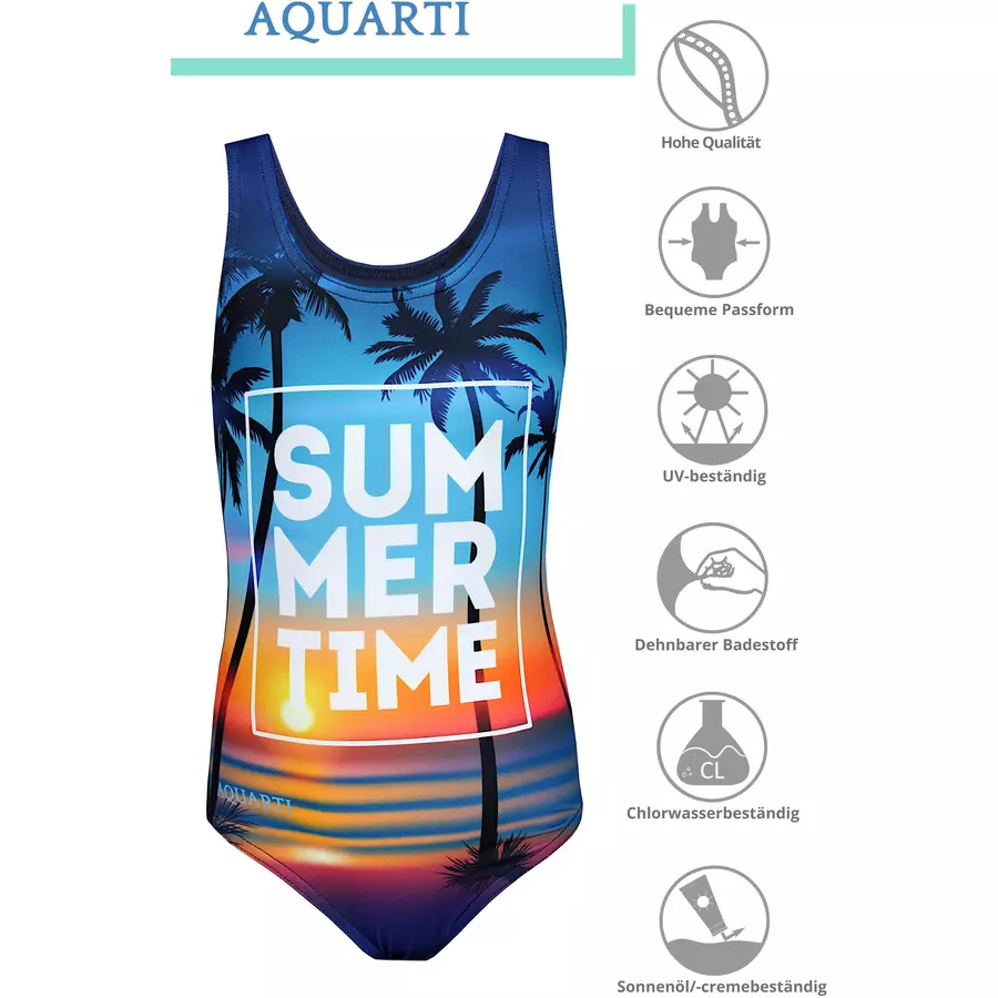 Aquarti Mädchen Badeanzug mit Ringerrücken Print blau Modell 2