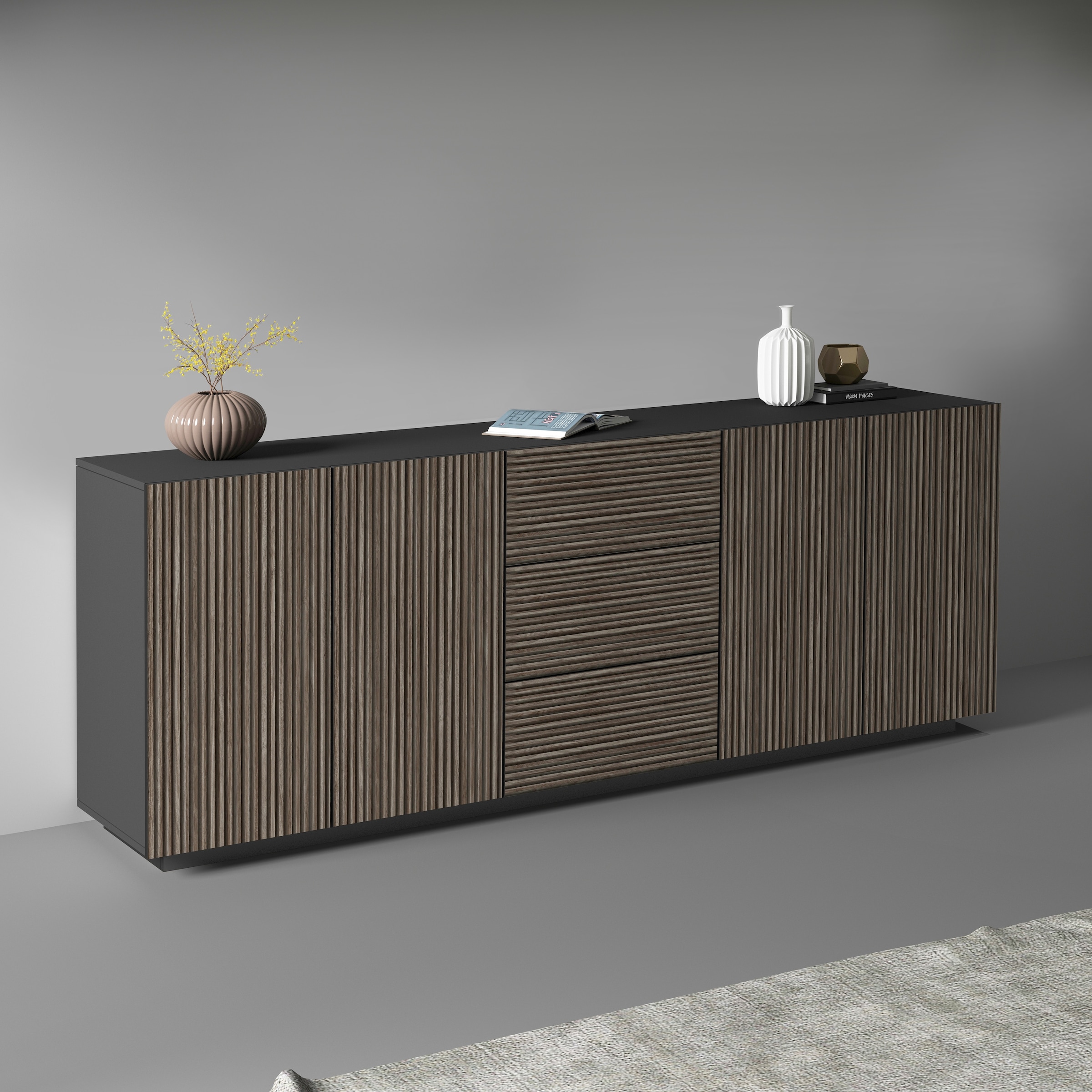 INOSIGN Sideboard »Vega Sideboard,Kommode,220 cm« mit 4 Türen und 3 Schubladen,Fronten mit Rillen-Optik