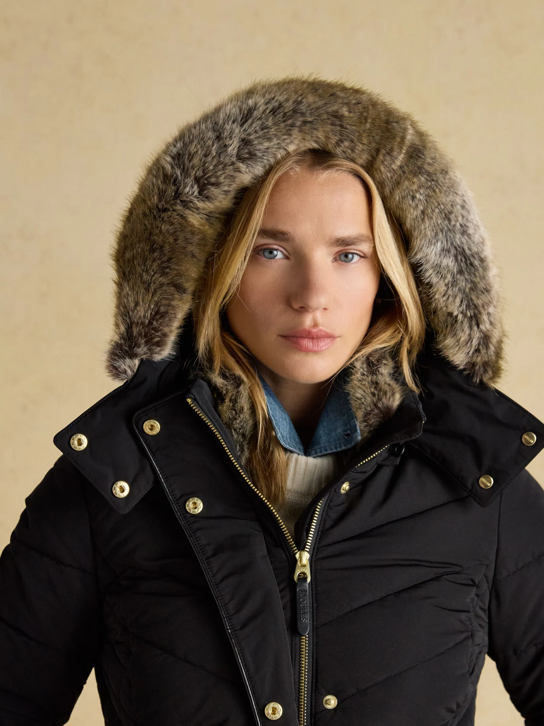 Zwart - Joules Aspen Showerproof Padded Coat with Faux Fur Hood