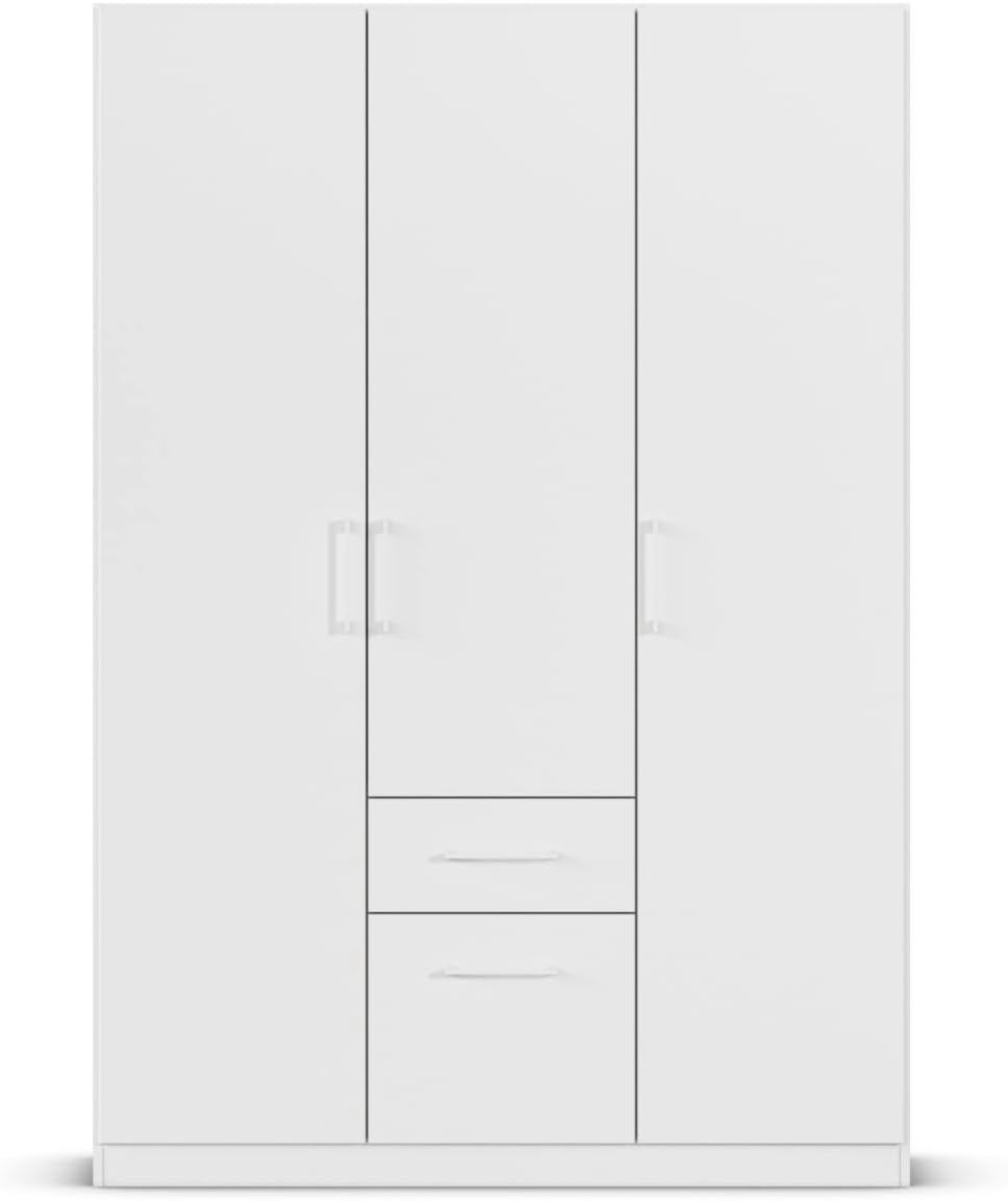 Rauch Möbel Glasgow Drehtürenschrank, Kleiderschrank, Schrank, Garderobe 3-türig, 2 Schubladen, Farbe Weiß, Griffprofil Weiß, 136x197x54cm