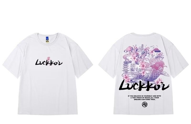 Cowpow - T-shirt met korte mouwen, ronde hals en bloemenprint met koi-letters