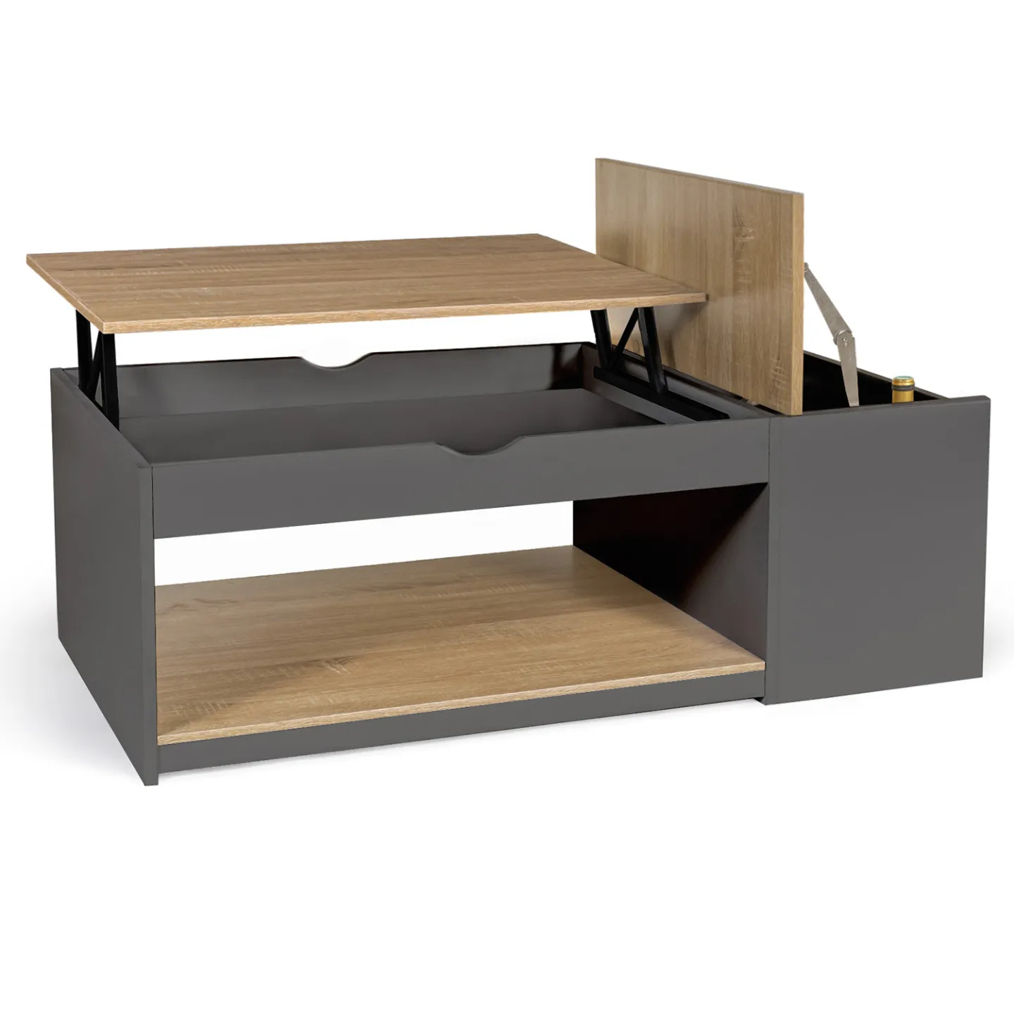 Table basse plateau relevable rectangulaire ELEA avec coffre bois gris et façon hêtre