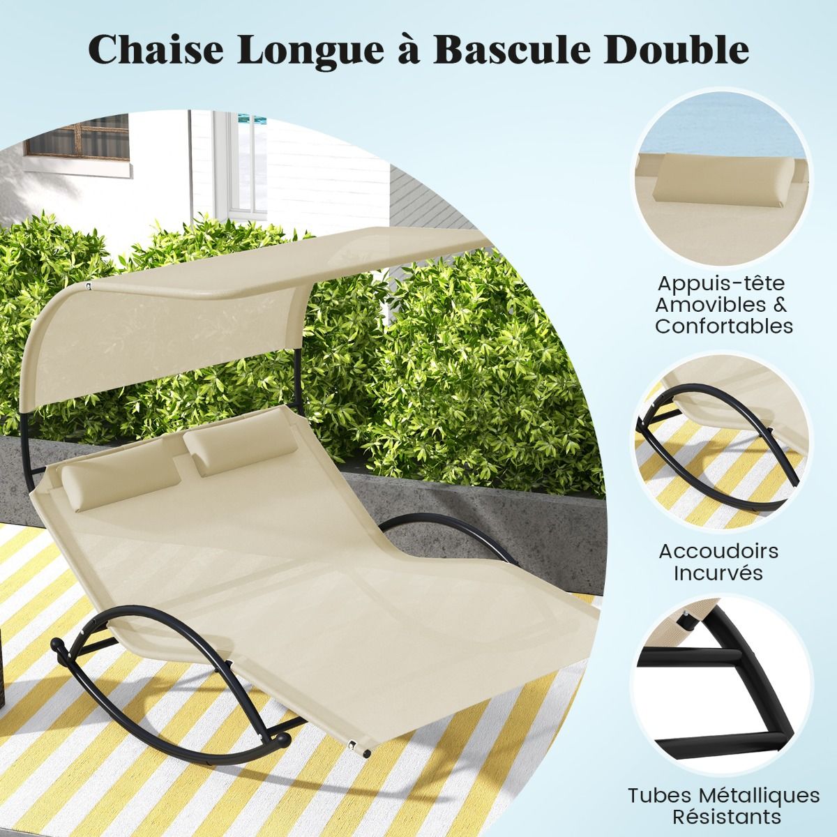 Chaise Longue Double Chaise à Bascule pour 2 Personnes 2 Appui-Têtes Amovibles Cadre en Métal Robuste Lit de Repos Ergonomique 2 Places Gris/Noir/Beige - Lidl-Manfred