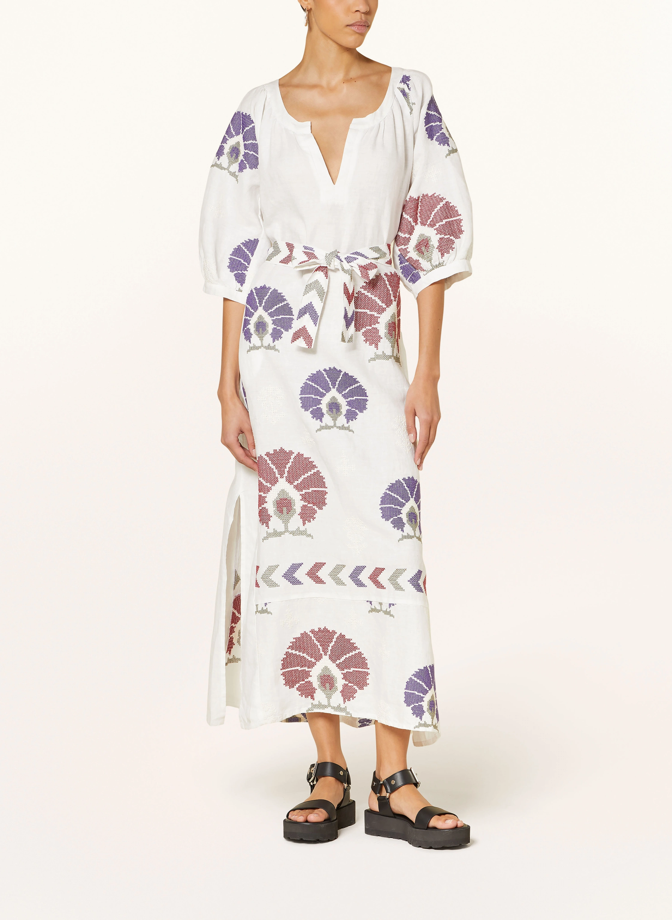 Greek Archaic Kori Strandkleid MINI PEACOCKS aus Leinen mit 3/4-Arm