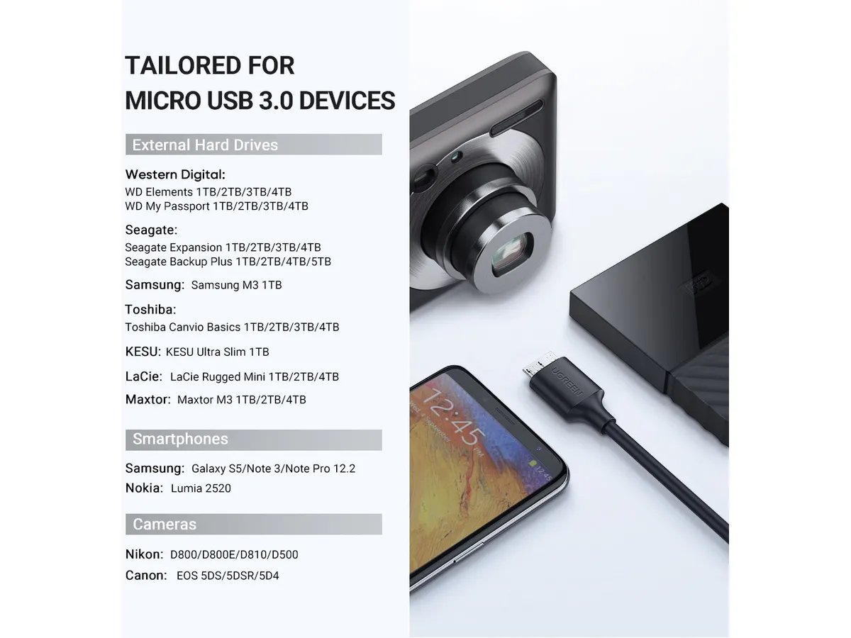 (1m) USB C auf Micro USB B 3.0 Datenkabel für Festplatten 5Gbit/s (20103) - Schwarz