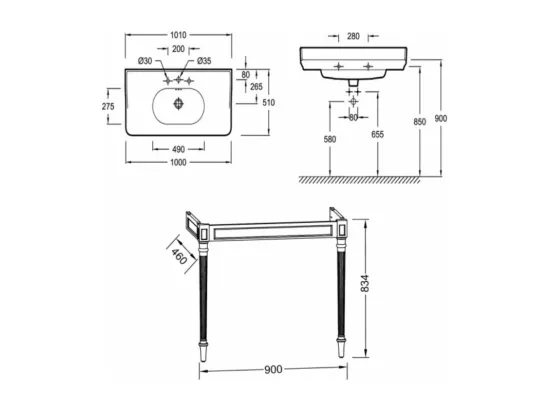 Console JACOB DELAFON Cléo 1889 avec plan vasque 3 trous + colonne droite + siphon chromé