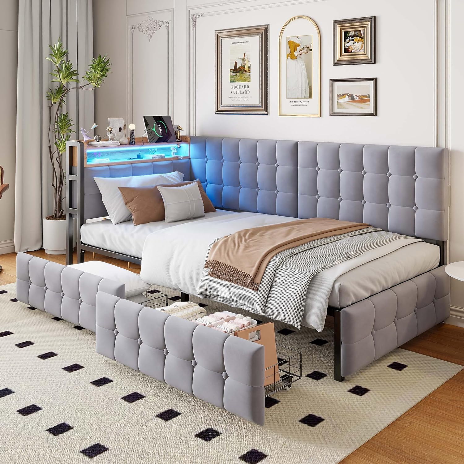 Polsterbett Schlafsofa 90x200 cm mit 2 Schubladen, Einzelbett mit LED Leuchten, USB und Typ-C-Anschluss, Metallbettgestell, Jugendbett Daybett, Samt, Hellgrau, ohne Matratze