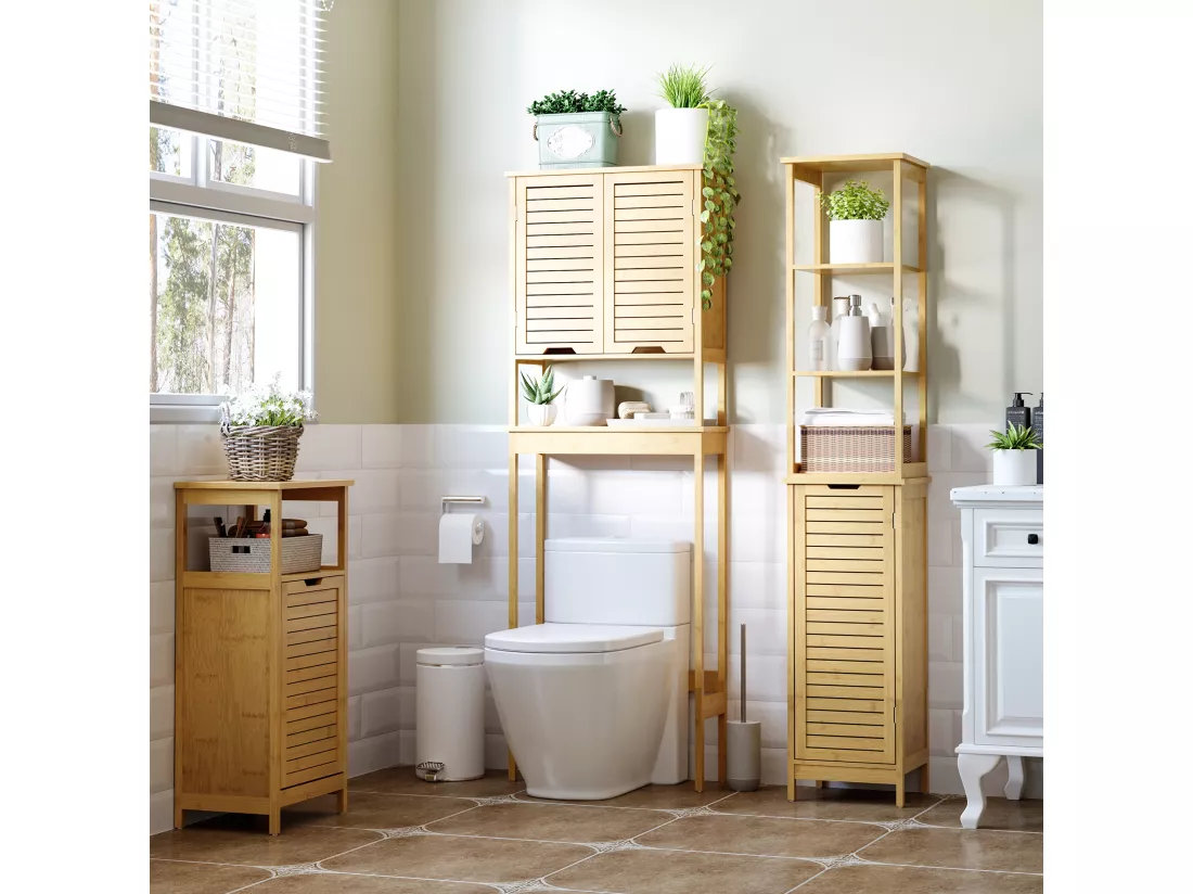 Meuble colonne rangement salle de bain style cosy dim. 34L x 30l x 173H cm porte à lattes 3 étagères bambou MDF aspect bois clair