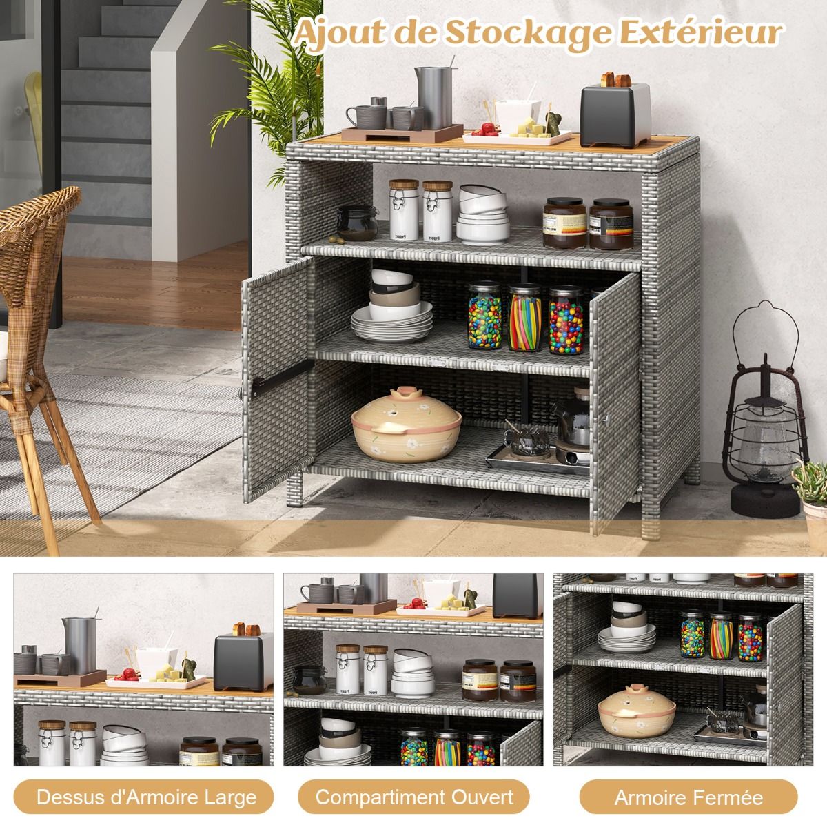 Armoire de Rangement Exterieur en Rotin Armoire de Jardin avec Plateau en Bois d'Acacia Compartiment Ouvert Buffet à 2 Portes - Lidl-Manfred
