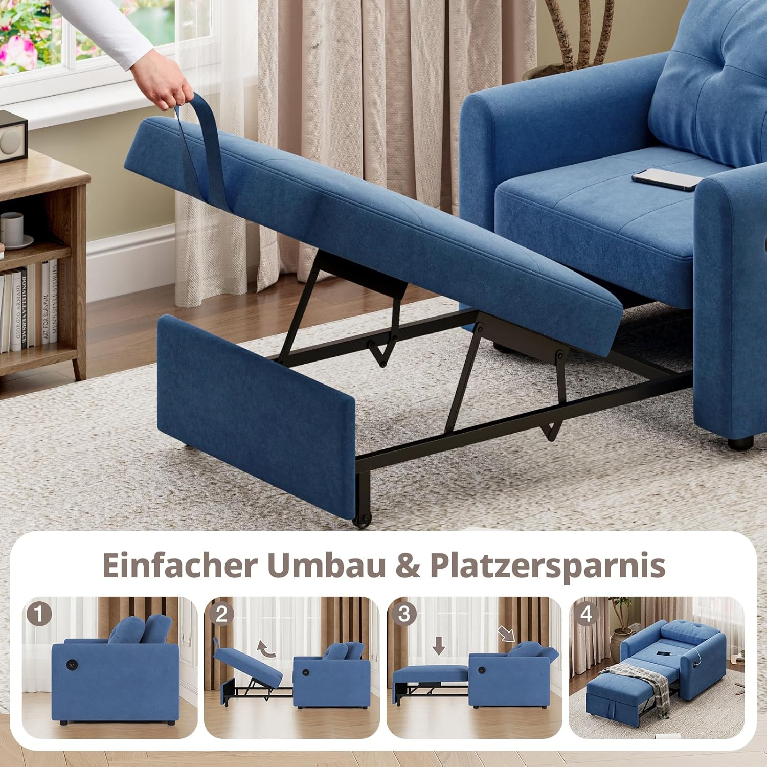 3-in-1 Schlafsessel Sofa Bett mit USB und Typ-C, Klappbares Einzelsofa mit weichem Kissen, Aufbewahrungstaschen und Verstellbarer Rückenlehne, Sherpa-Stoff Sofa Bed Chair 84 * 190cm, Blau