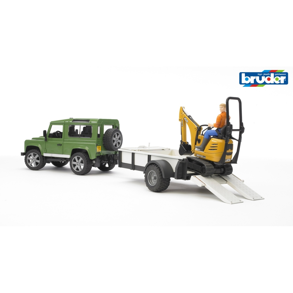 Bruder Land Rover Defender mit Anhänger, JCB-Bagger und Arbeiter