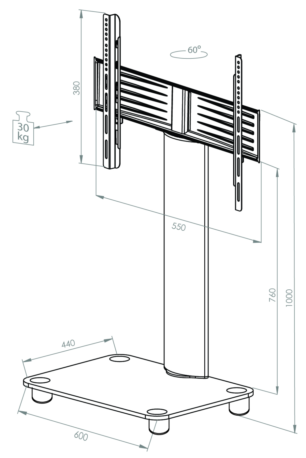 TV-Rack - silber - Mattglas - schwenkbar - für 22-37 Zoll - 60 cm breit