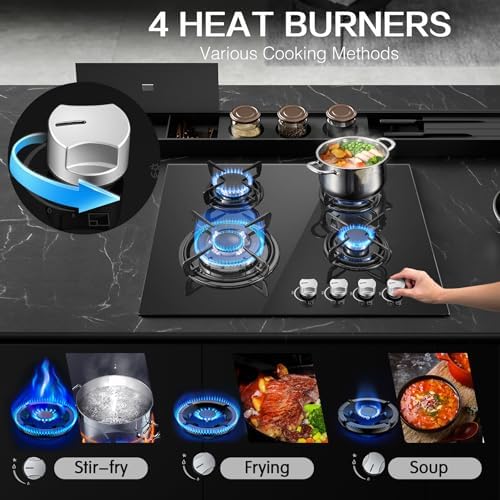 TopStrong Plaque de Cuisson Gaz 4 Feux, 60cm Plaque Gaz 4 Feux avec Sécurité Thermocouple, Cuisinière Encastrable, Naturel/Propane, 8060W, 220 240 V, Verre Noir : Gros électroménager