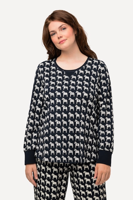 Pyjama-Shirt, Pferde, Rundhals, Langarm, Biobaumwolle