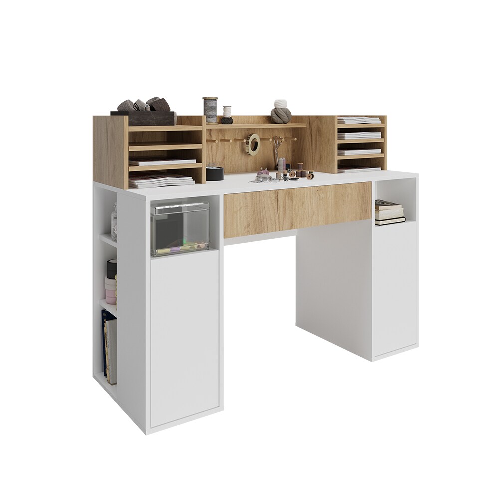 Vicco Schreibtisch Basteltisch XL 126,8 x 100 cm, Weiß Sonoma mit Regale, Schubfach