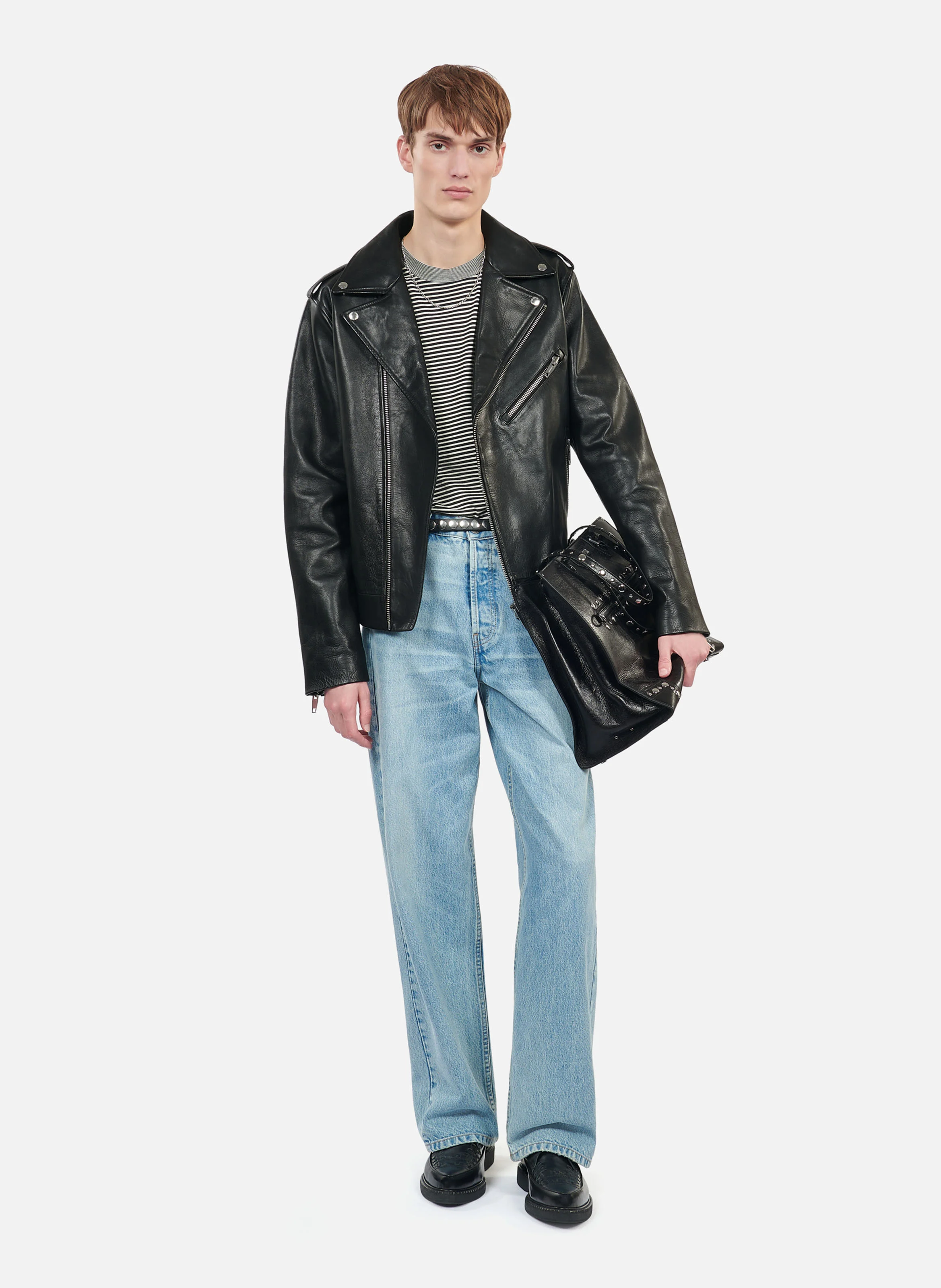 Blouson droit biker en cuir | Noir