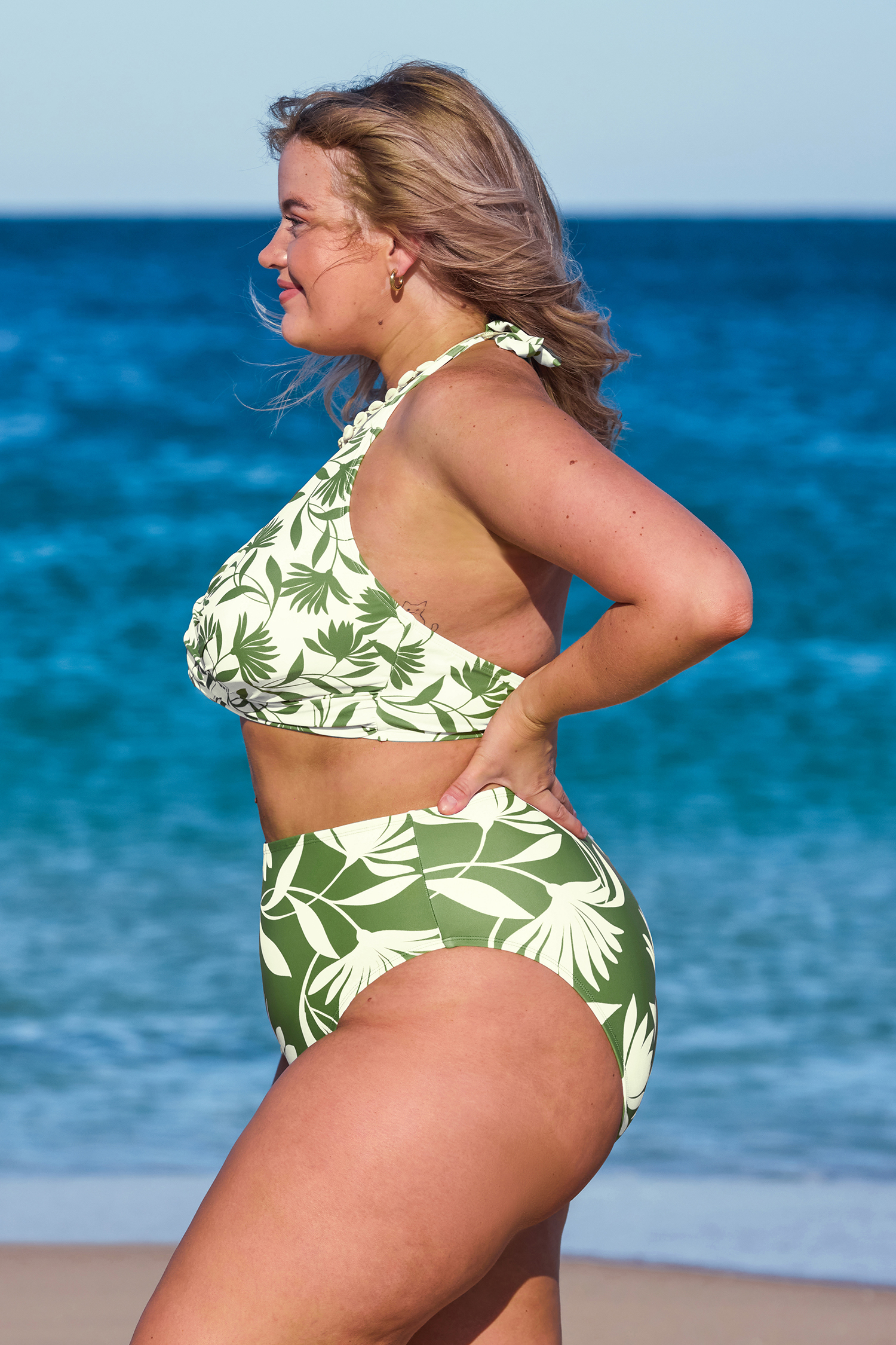 Bikini taille haute à col licou torsadé vert