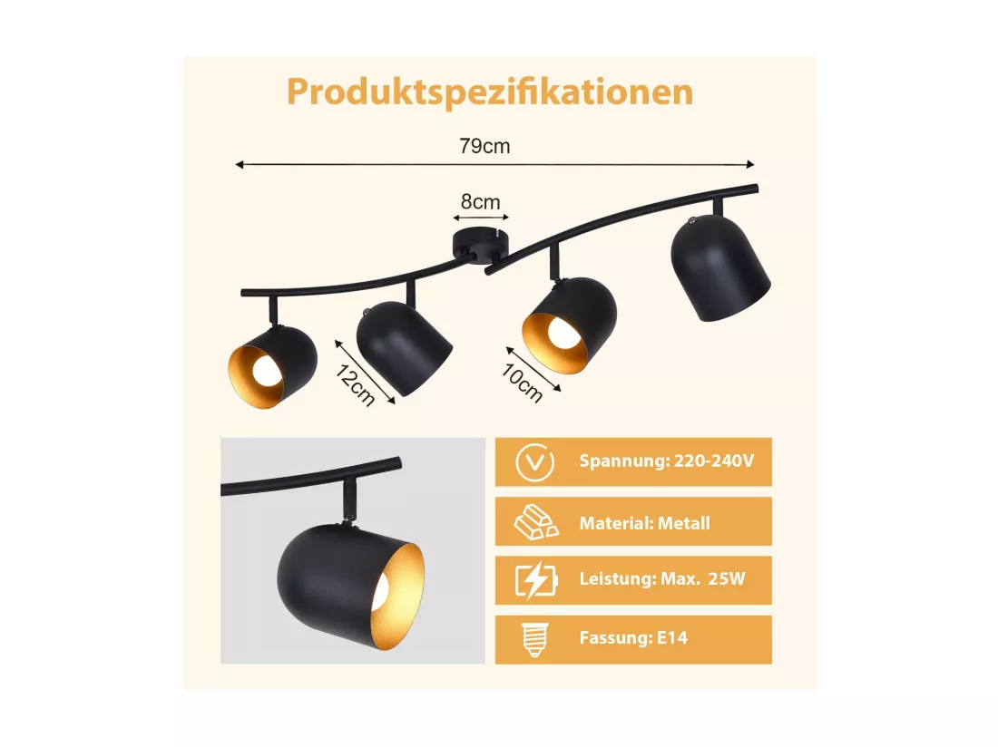 NETTLIFE Plafonnier E14 noir doré spot de plafond lampe de couloir industrielle vintage orientable sans ampoule orientable à 350°