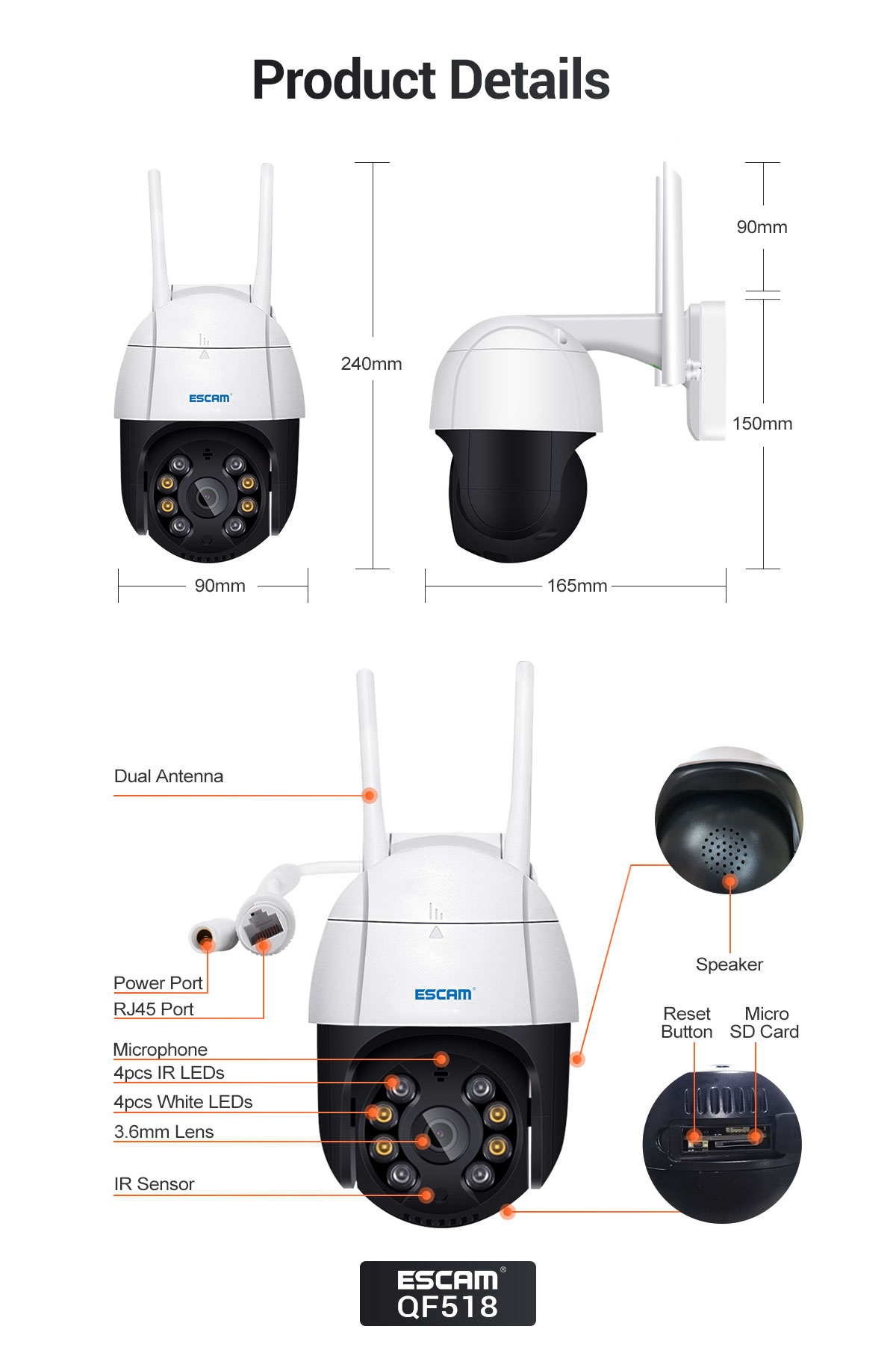 WiFi IP Smart Kamera 5MP 1944p mit 2-Wege-Audio / Infrarot LED's Nachtsichtfunktion / Personenerkennung / Micro SD iOS/Android (IP66) - Weiss