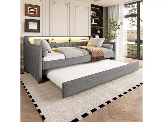 Lit gigogne Lit de jour 90x200 cm avec sommier à lattes éclairage d'ambiance avec télécommande lit avec prise de charge USB lin gris