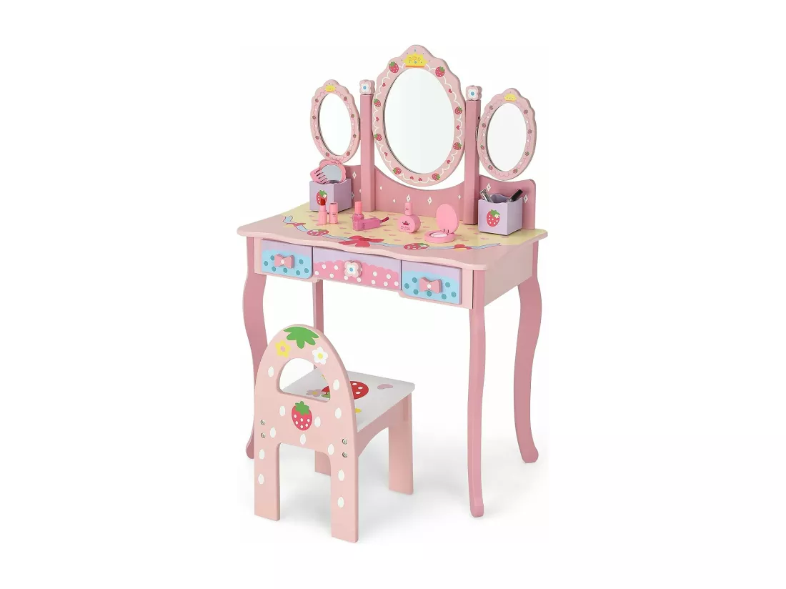 Coiffeuse pour Enfants de 3+ Ans, Ensemble Coiffeuse et Chaise avec Miroir Pliable à Trois Volets, 3 Tiroirs et 2 Boîte de Rangement, 70 x 34 x 105 cm, Rose