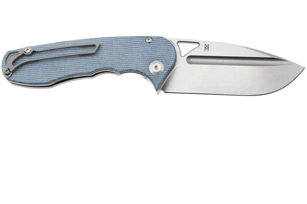 Tenable Knives Bömbur T1054A5 Stonewashed D2, Blue Micarta, zakmes, Midgards Messer design