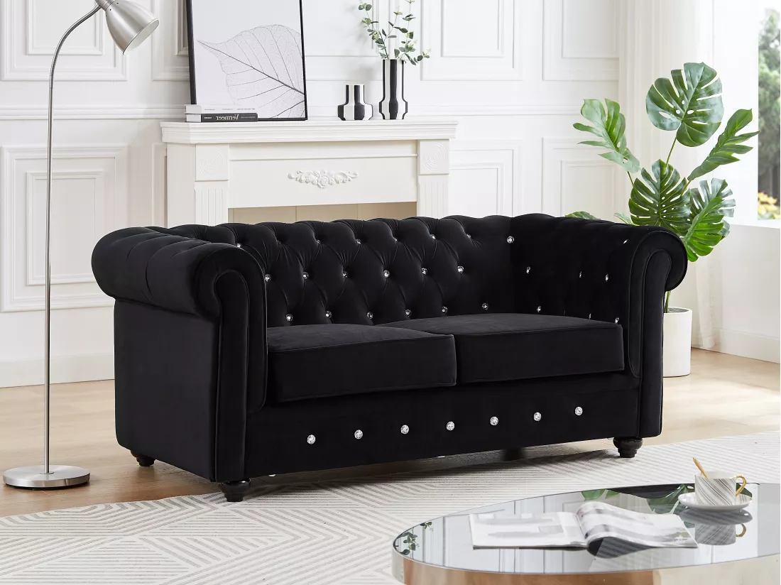 Canapé 2 places en velours noir et boutons effet cristal CHESTERFIELD