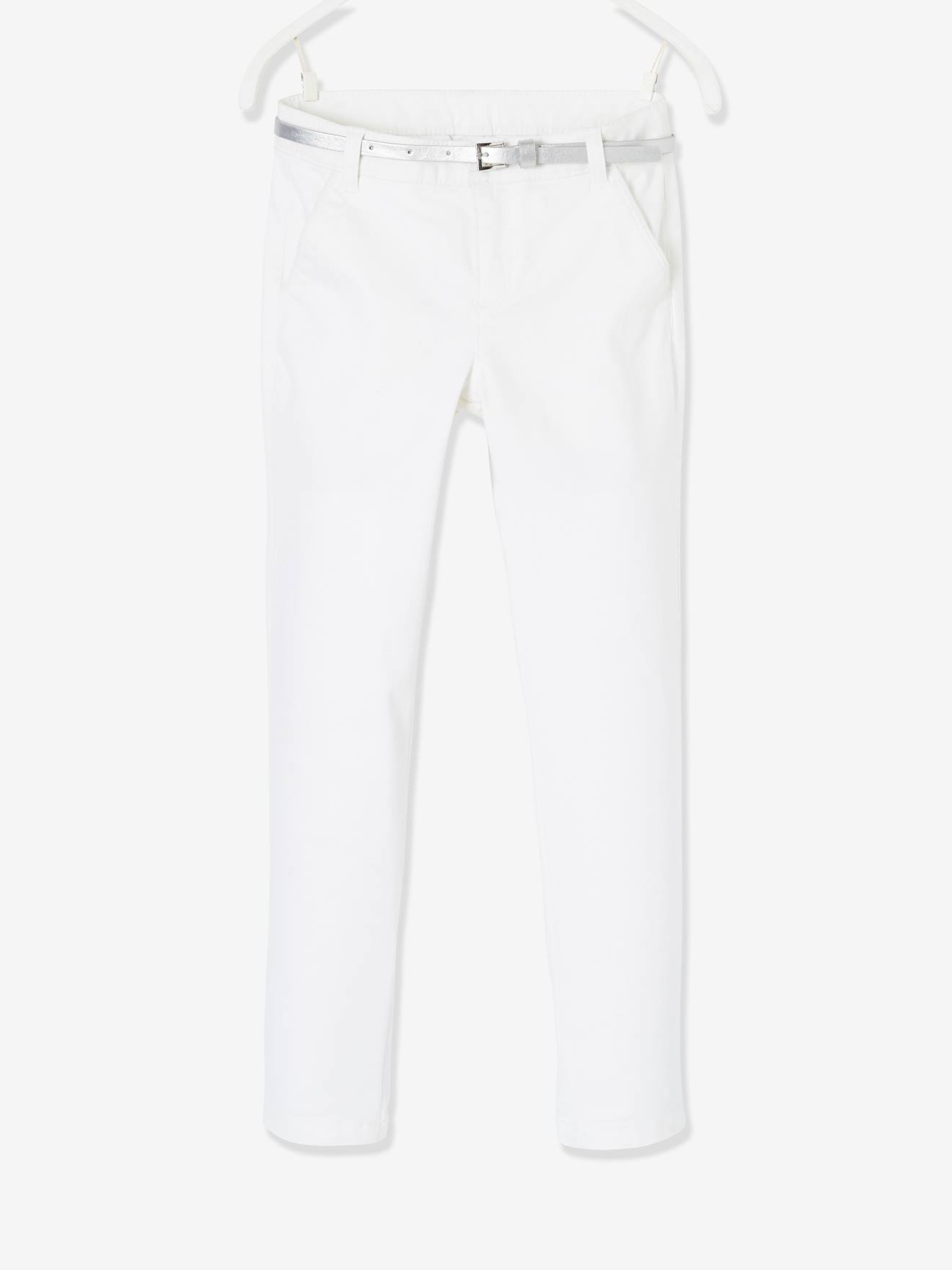 Calças chino femininas em cetim de algodão com cinto liso branco claro iridescente.