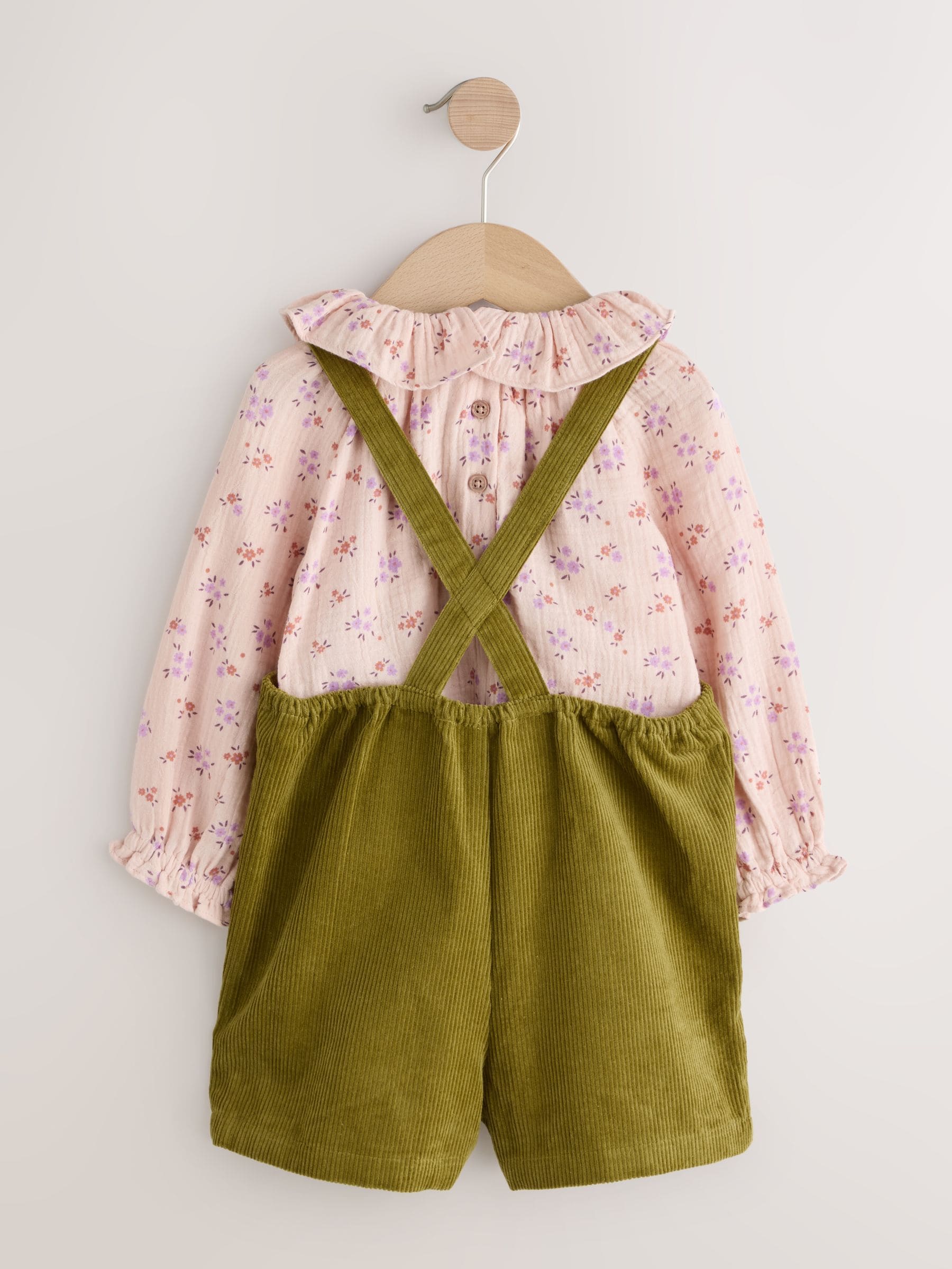 Groen - Set van corduroy bretelbroeken met bloemenprint, blouse en panty's (3mnd -7jr)