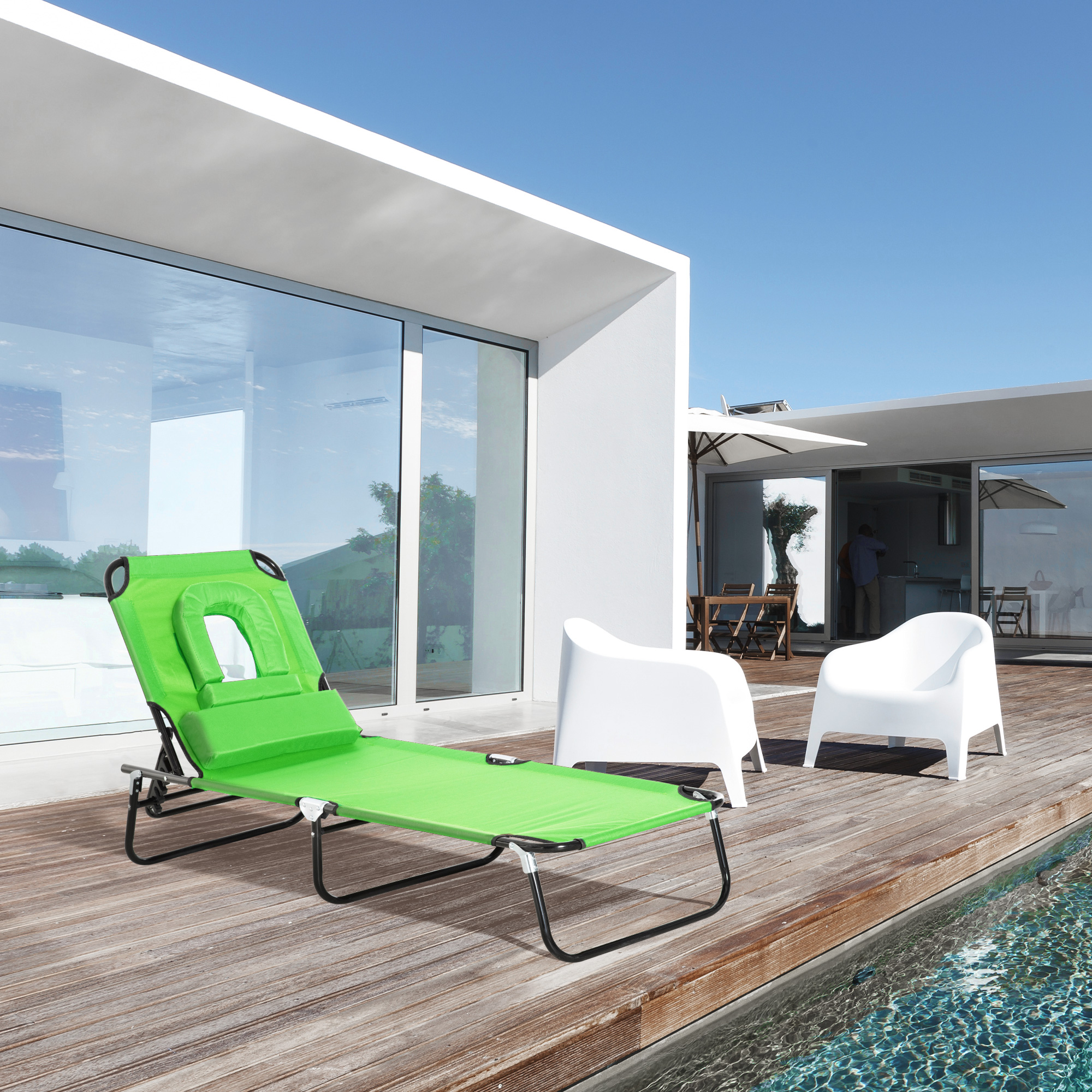 Espreguiçadeira dobrável Outsunny com encosto ajustável em 4 posições, espreguiçadeira de jardim com almofada, estrutura de aço e tecido Oxford para camping, praia e terraço, capacidade de carga de 120 kg, 190 x 56 x 28 cm, verde.