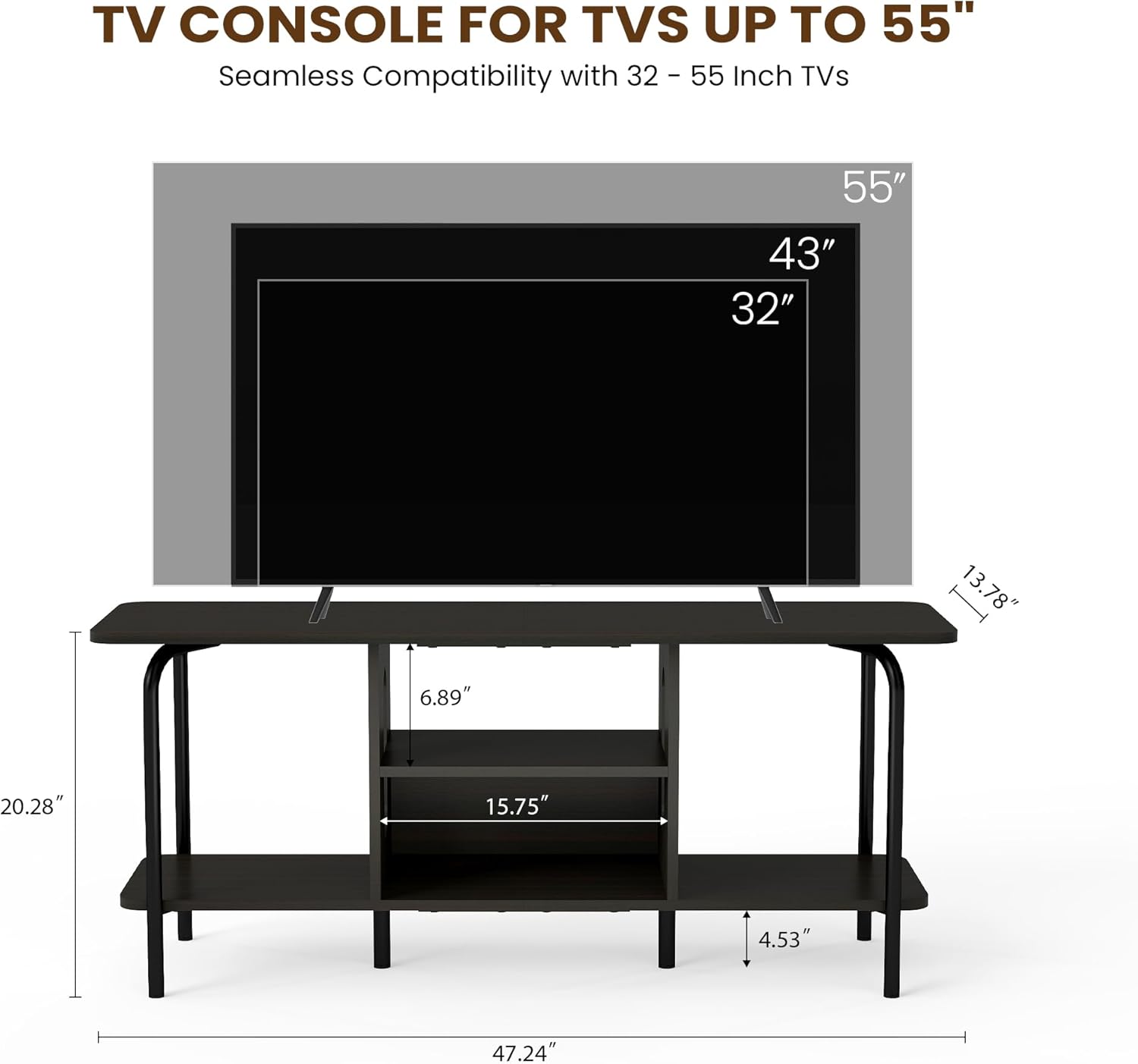 Manora TV Schrank Schwarz 120cm Lang mit Lowboard Funktion,Modern TV Board mit 4 Offenen Fächern,Fernsehtisch Hoch Bräunlich-schwarz，TV Tisch mit Metallfüßen,TV Sideboard für Wohnzimmer