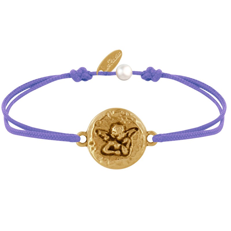 Bracelet Lien Médaille Ronde Martelée Laiton Doré Ange Raphaël - Violet