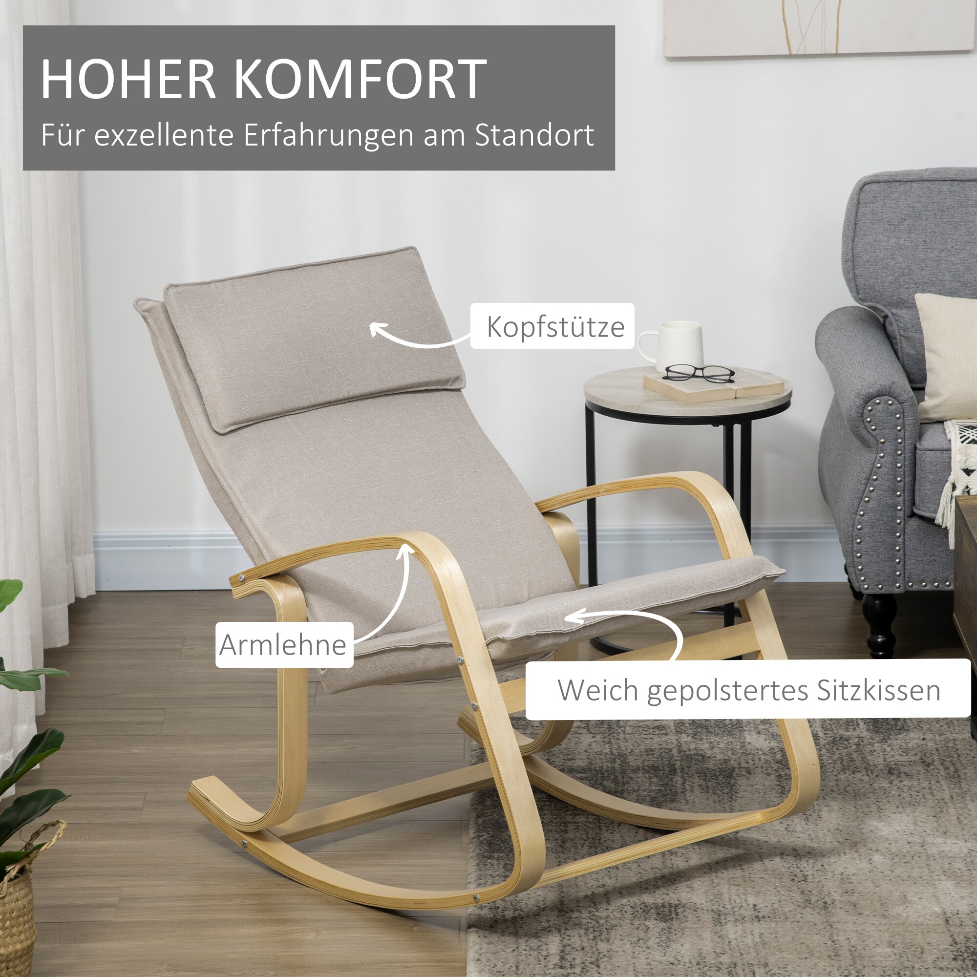 HOMCOM Schaukelstuhl mit Kopfkissen grau 67L x 95B x 95H cm