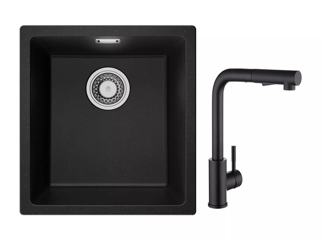 CECIPA MAX Evier 1 Bac en Quartz et Résine Noir Gris 40*44*20cm + Mitigeur de Cuisine avec Douchette Extractible Noir