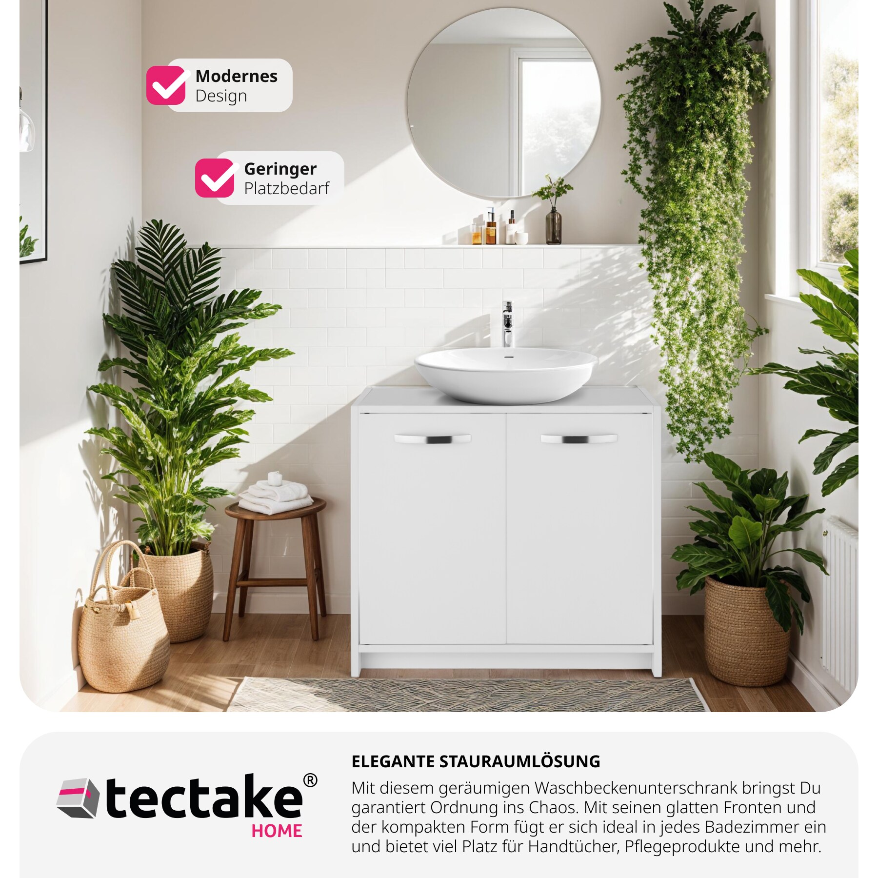 tectake® Waschbeckenunterschrank, großer Stauraum, 2 leichtgängige Flügeltüren, 63 x 31 x 55 cm