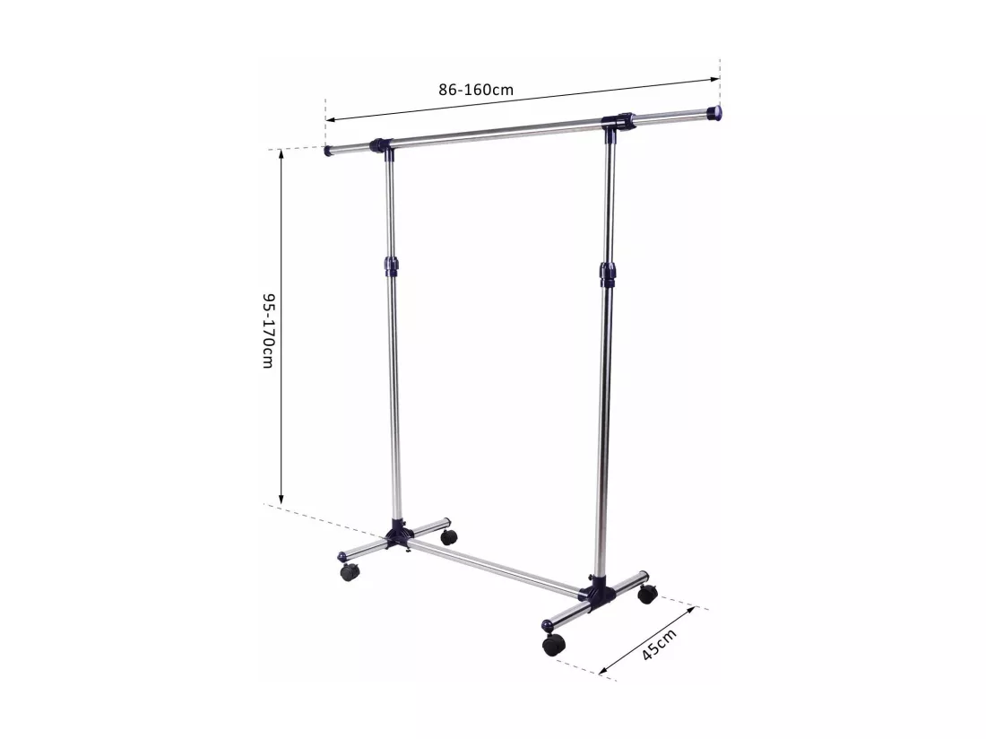 Portant sur roulettes - portant à vêtements réglable en hauteur et longueur - dim. 86/160L x 45l x 95/170H cm - acier inox.