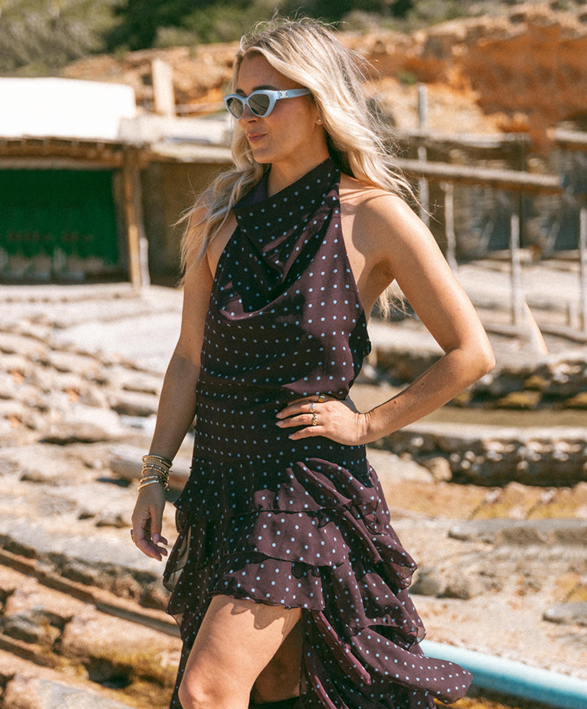 Bolina Island Dames jurk Señorita aubergine met blauwe polkadot