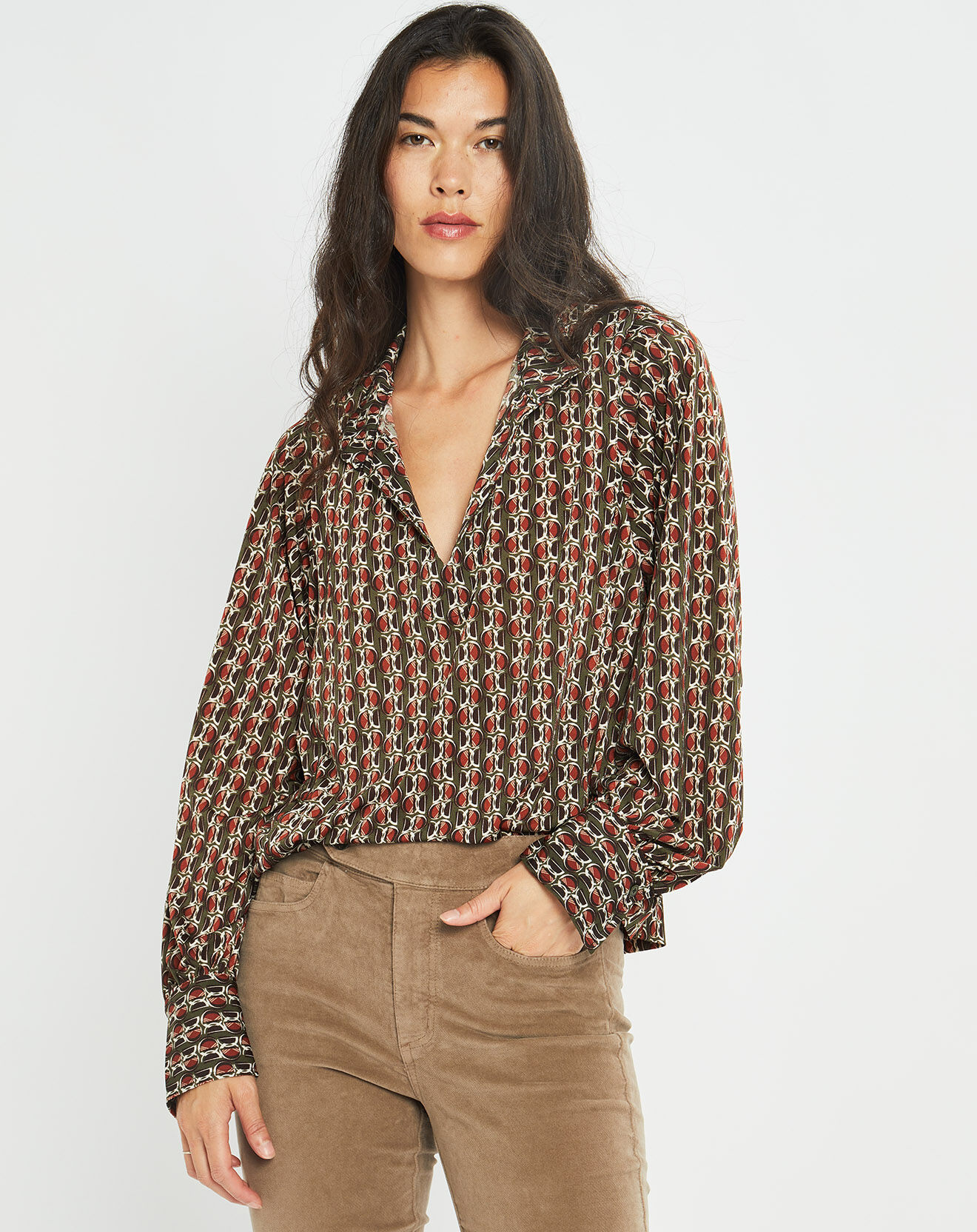 Lauren Vidal Blouse fluide Store imprimée forest kaki/marron
