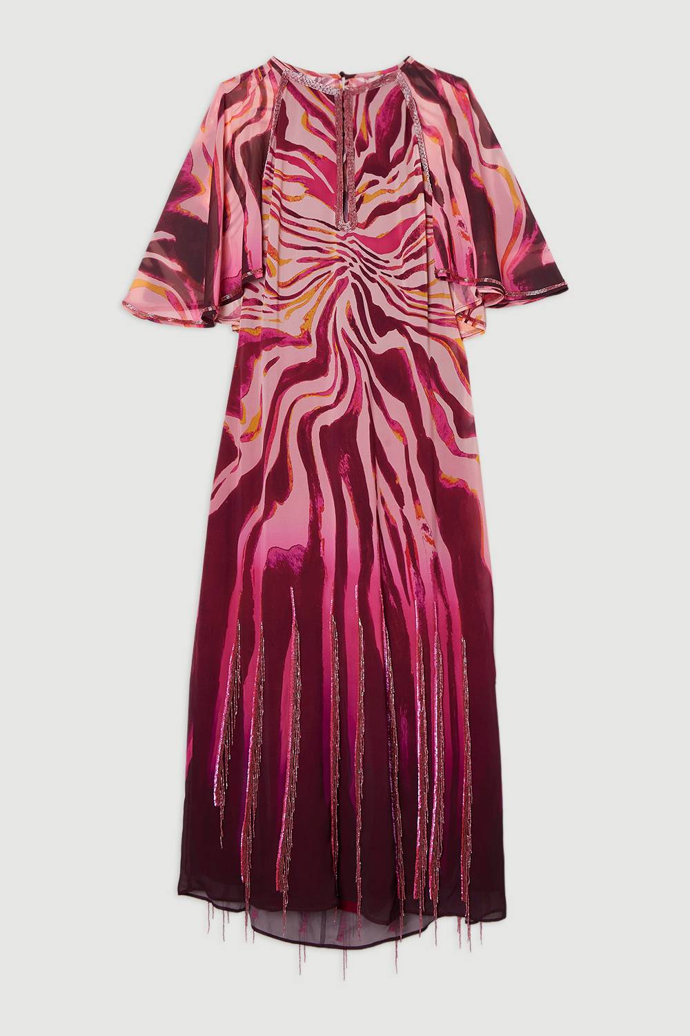 KarenMillen Robe Maxi Longue en Georgette à Imprimé Animal avec Manches Courtes et Ornements
